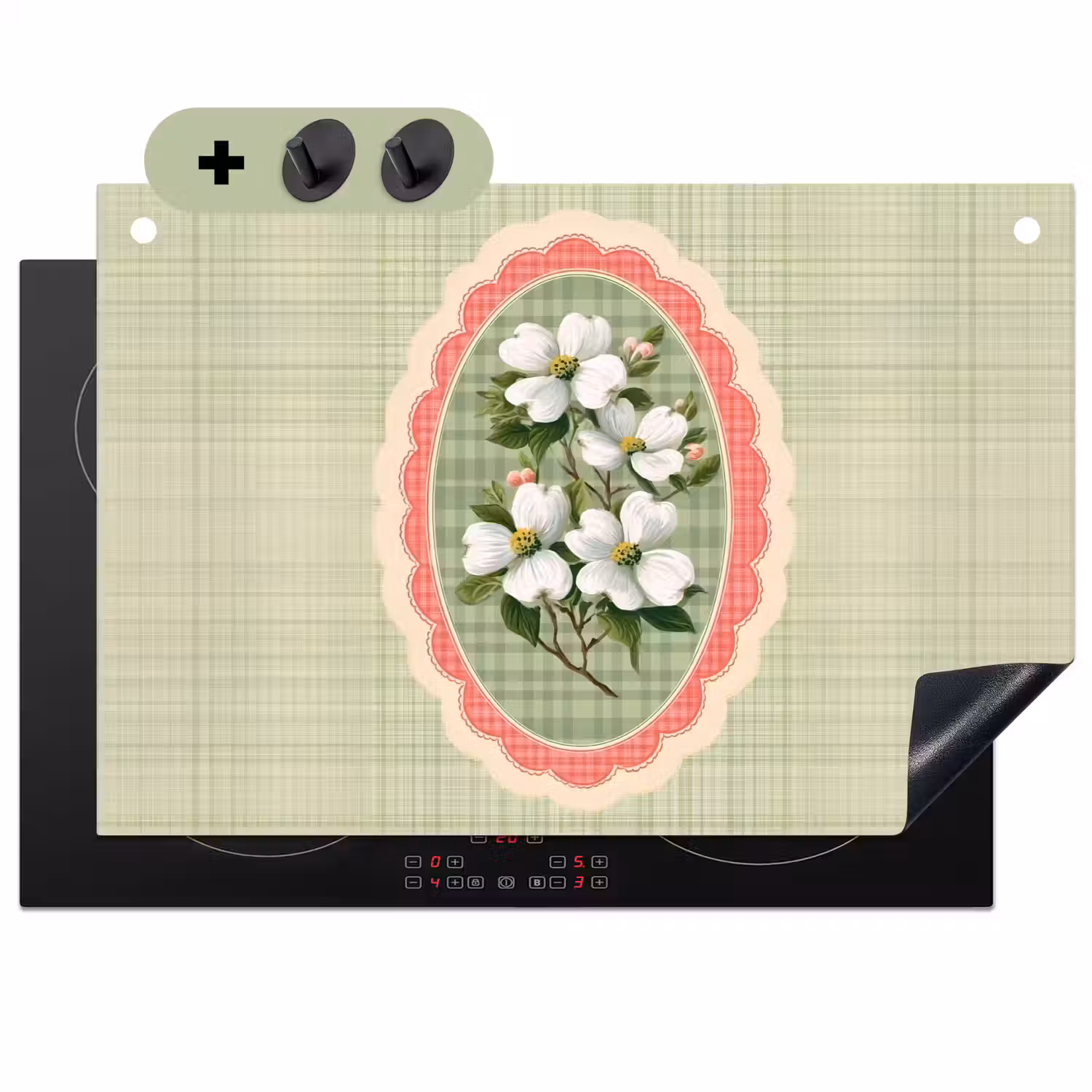 Bloemen - Illustratie - Geruit - Groen Inductie beschemer met haakjes klein -3d