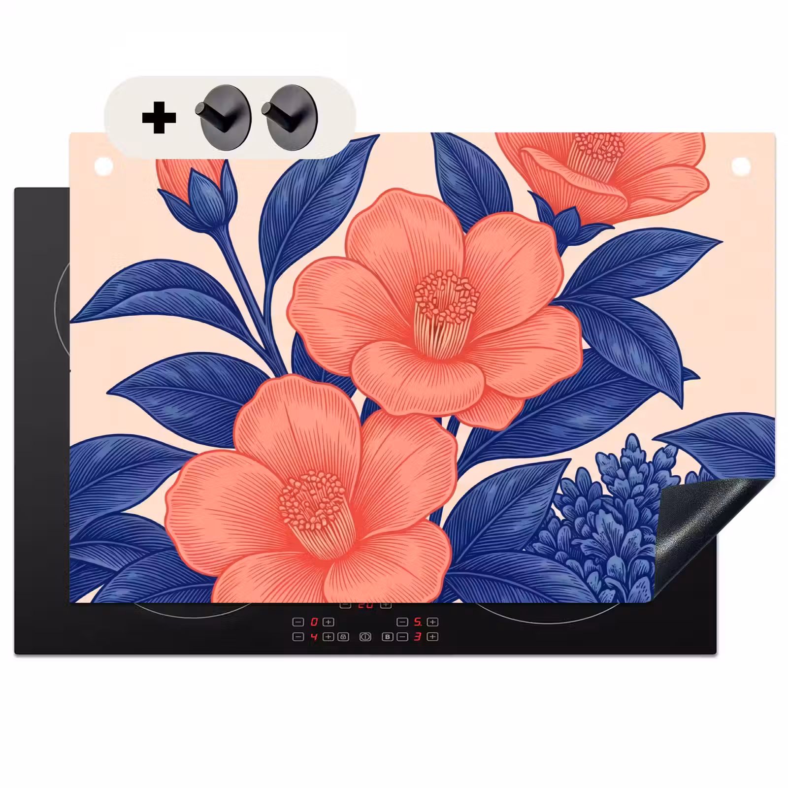 Induction Hob Cover & Splashback (2-in-1) - Flowers - Leaves - Botanical - Bloemen - Bladeren - Botanisch Inductie beschemer met haakjes klein