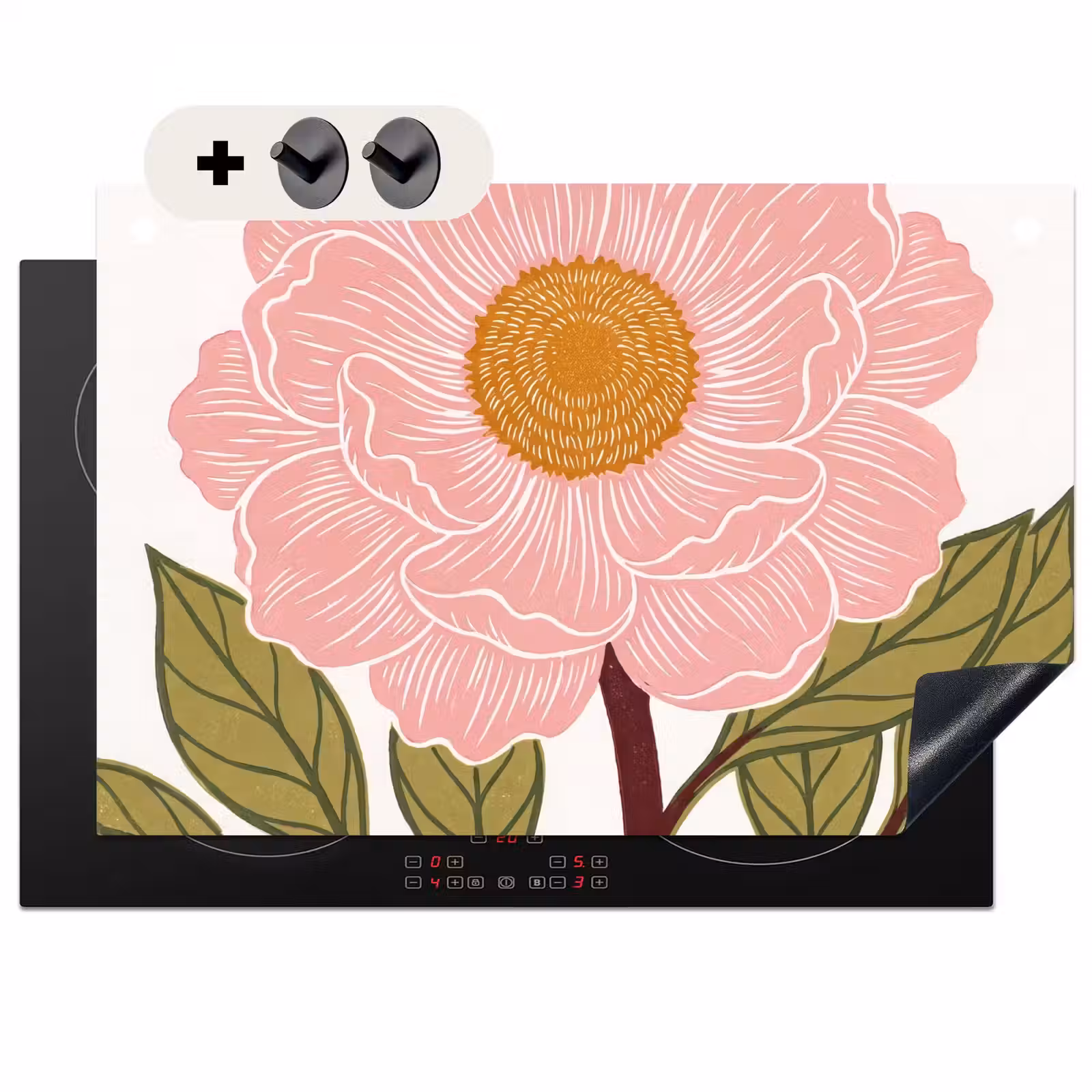 Induction Hob Cover & Splashback (2-in-1) - Flowers - Pink - Illustration - Bloemen - Roze - Illustratie Inductie beschemer met haakjes klein