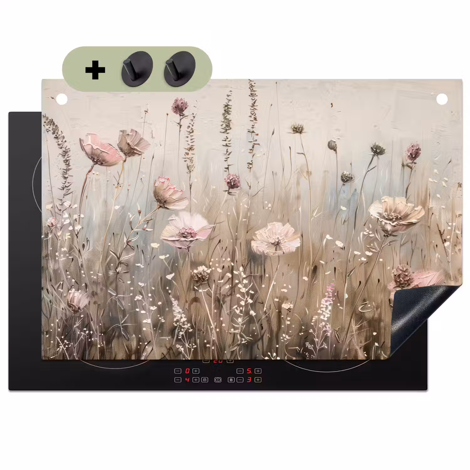Bloemen - Roze - Modern - Beige Inductie beschemer met haakjes klein -3d