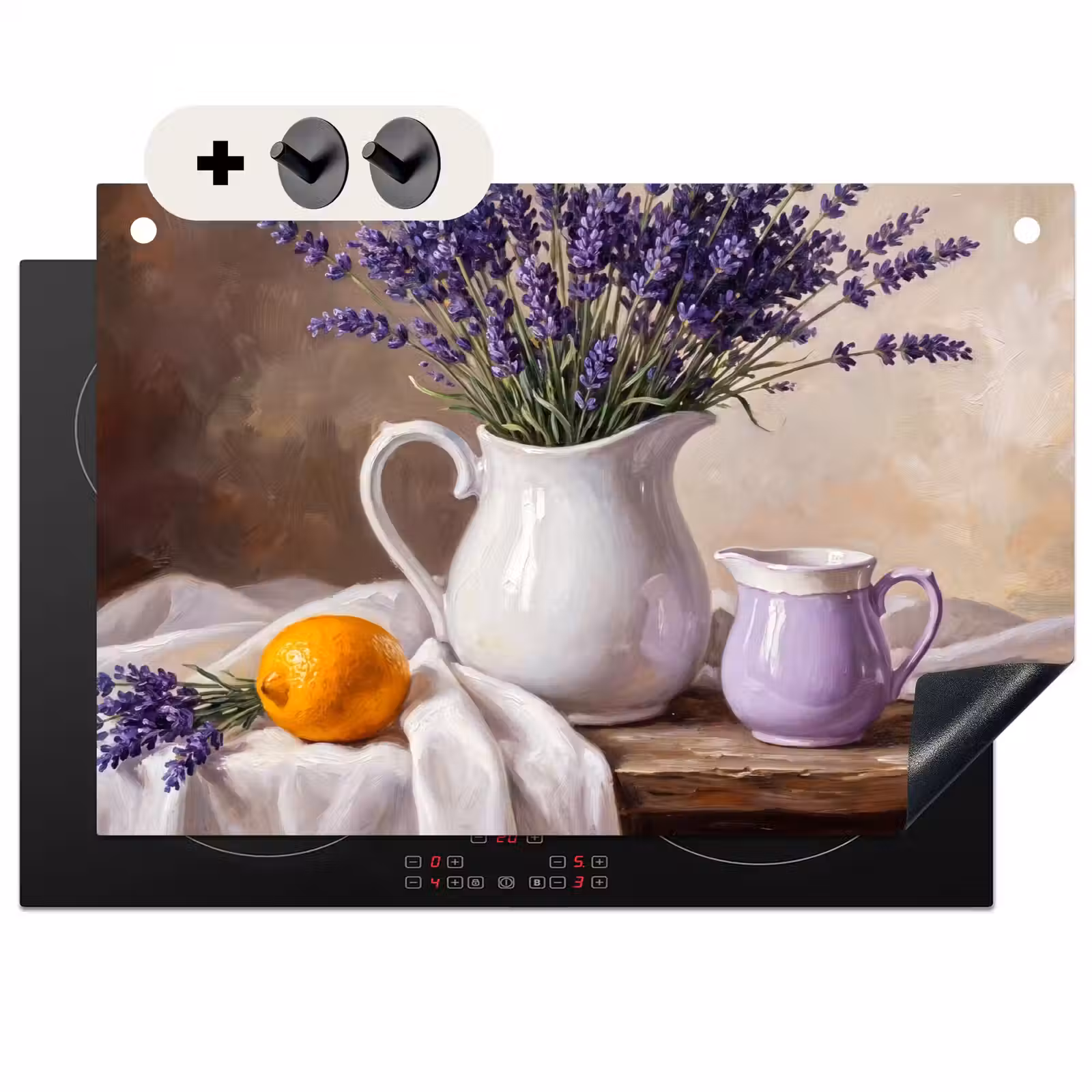 Induction Hob Cover & Splashback (2-in-1) - Flowers - Still Life - Purple - Bloemen - Stilleven - Paars Inductie beschemer met haakjes klein