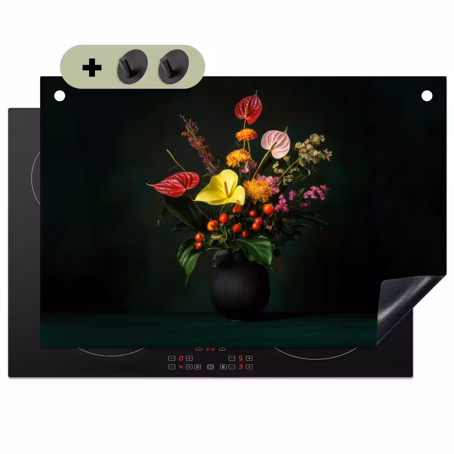 Bloemen - Vaas - Zwart Inductie beschemer met haakjes klein -3d