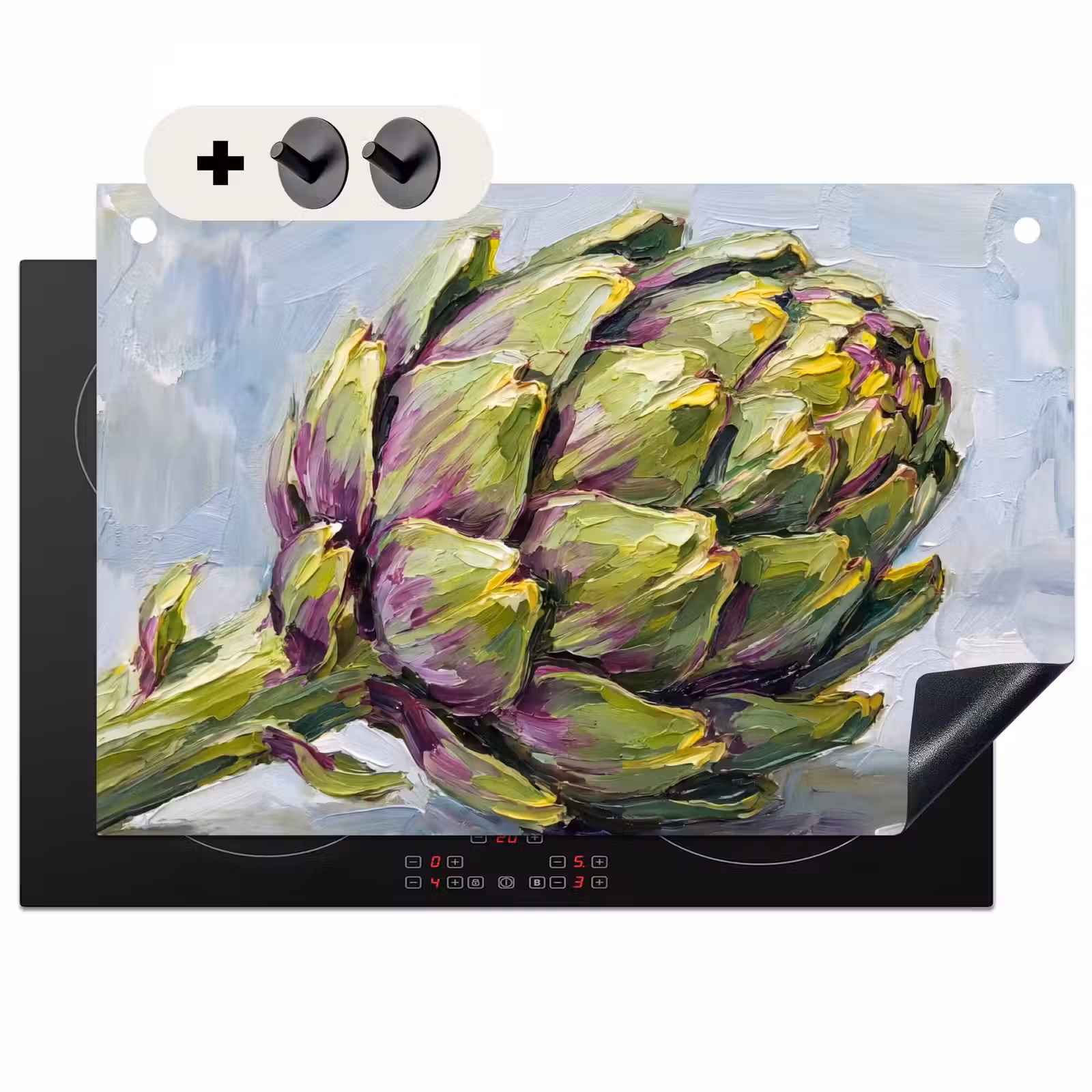 Induction Hob Cover & Splashback (2-in-1) - Food - Artichoke - Modern - Eten - Artisjok - Modern Inductie beschemer met haakjes klein