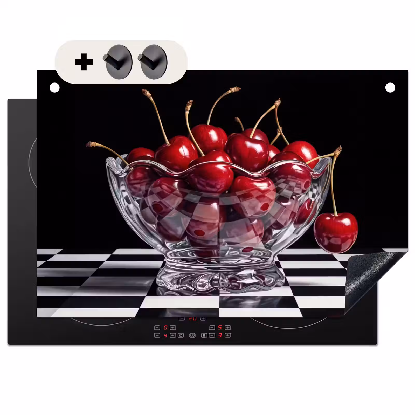 Induction Hob Cover & Splashback (2-in-1) - Food - Cherries - Red - Eten - Kersen - Rood Inductie beschemer met haakjes klein