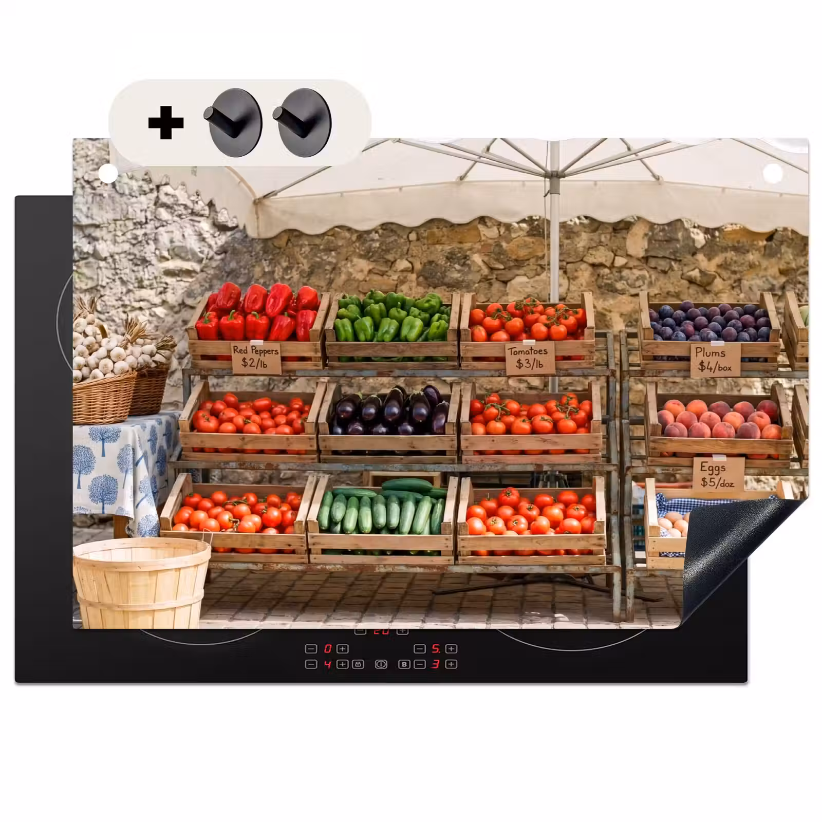 Induction Hob Cover & Splashback (2-in-1) - Food - Market - Fresh - Eten - Markt - Vers Inductie beschemer met haakjes klein
