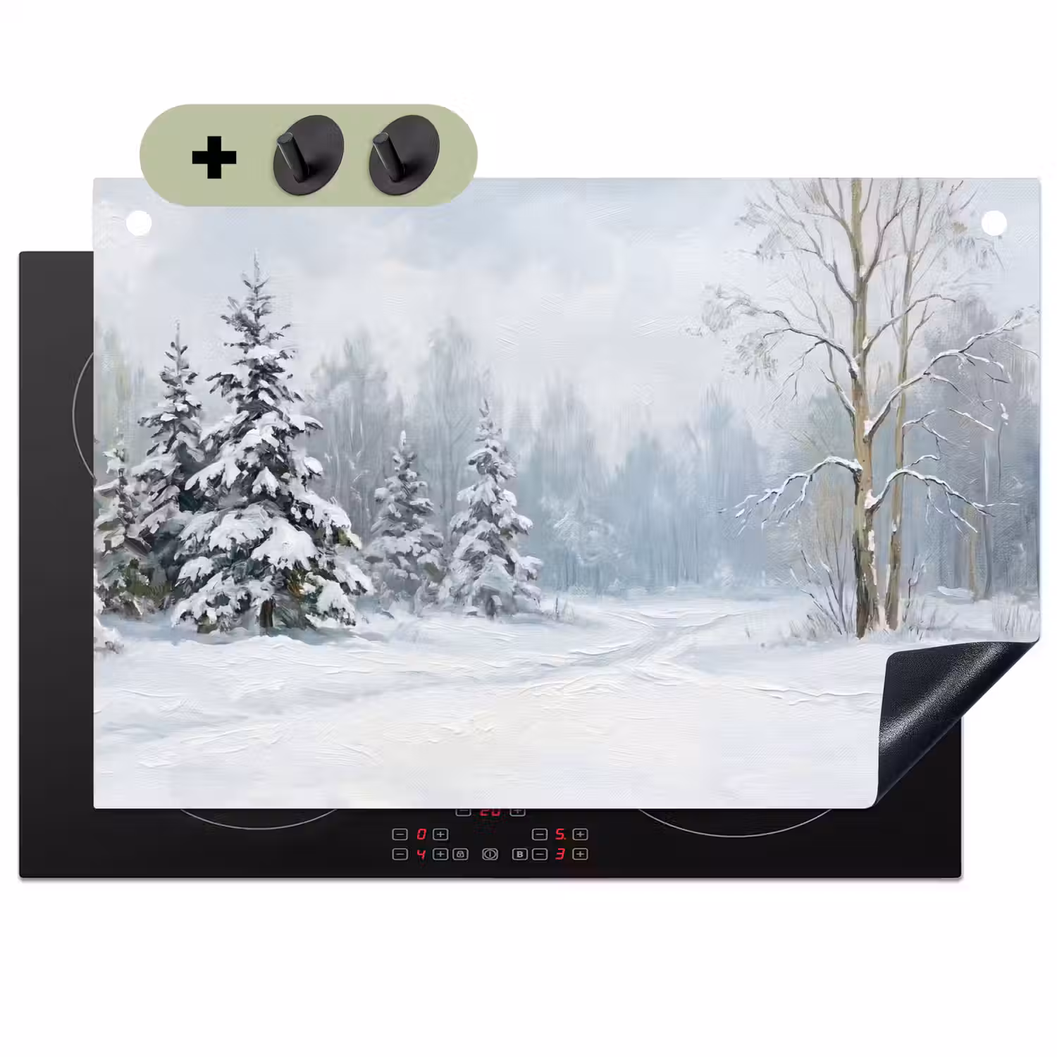 Bospad - Dennen - Sneeuw - Winter - Rustgevend Inductie beschemer met haakjes klein -3d