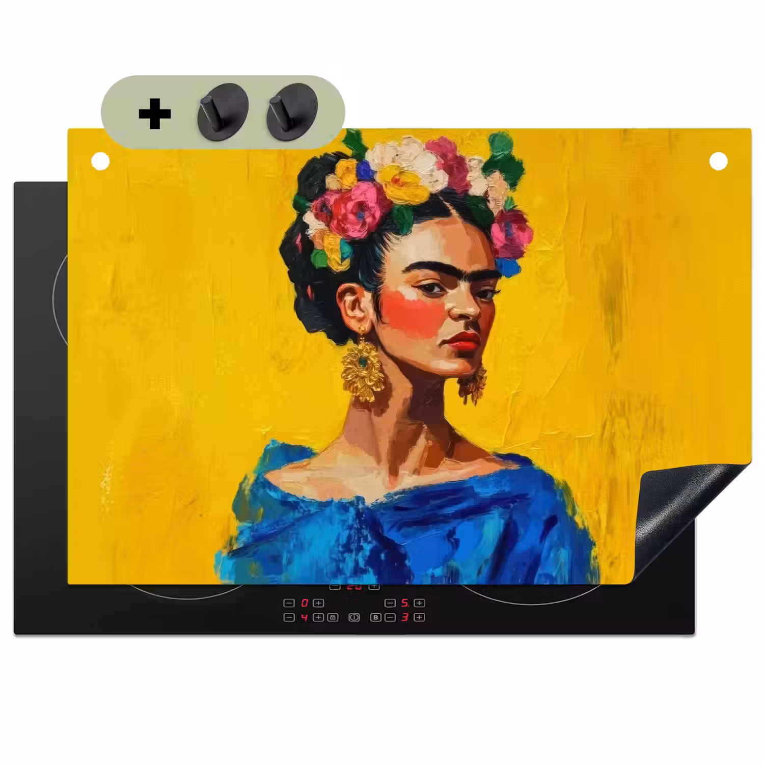 Frida Kahlo - Vrouw - Geel - Blauw - Bloemen Inductie beschemer met haakjes klein -3d