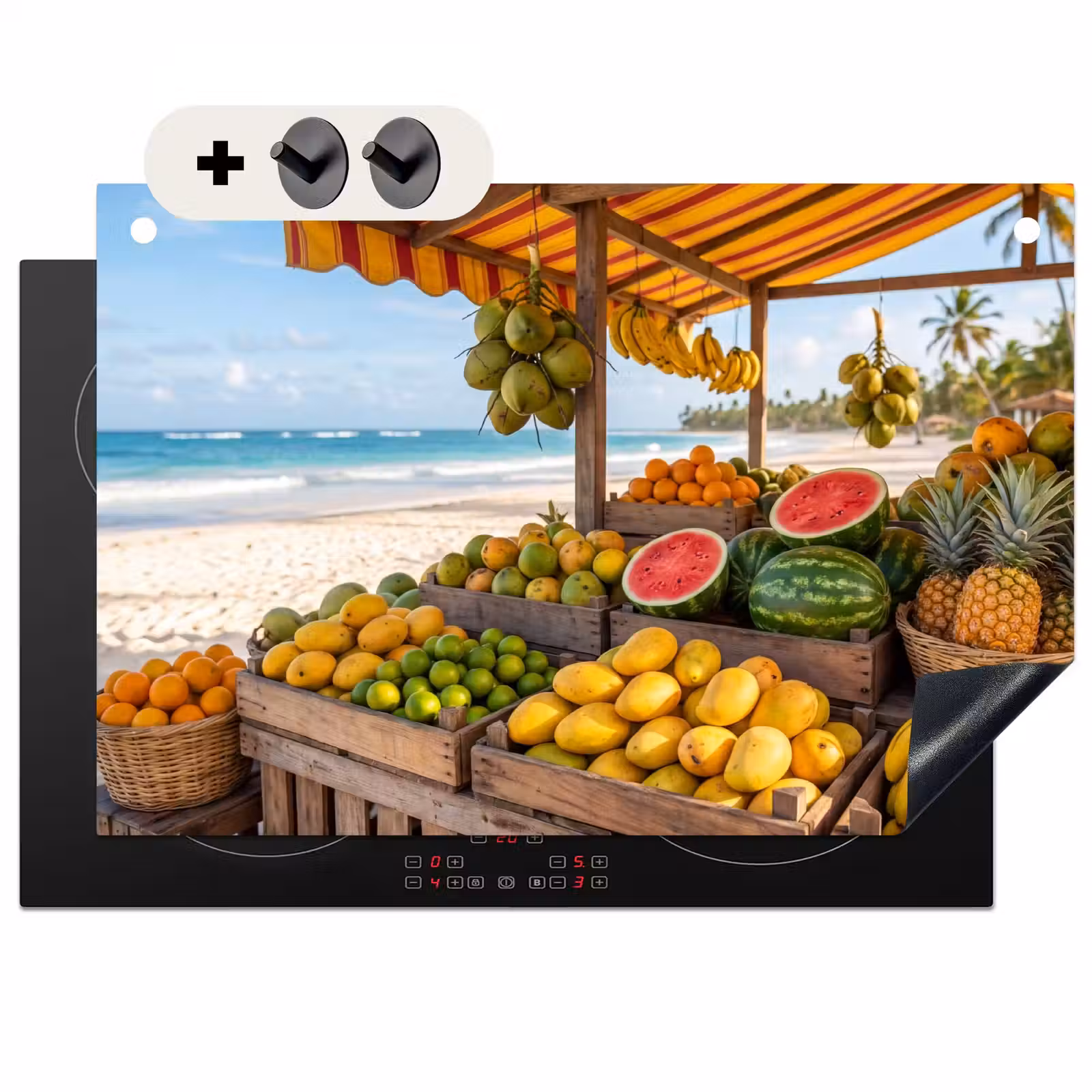 Induction Hob Cover & Splashback (2-in-1) - Fruit - Beach - Tropical - Fruit - Strand - Tropisch Inductie beschemer met haakjes klein