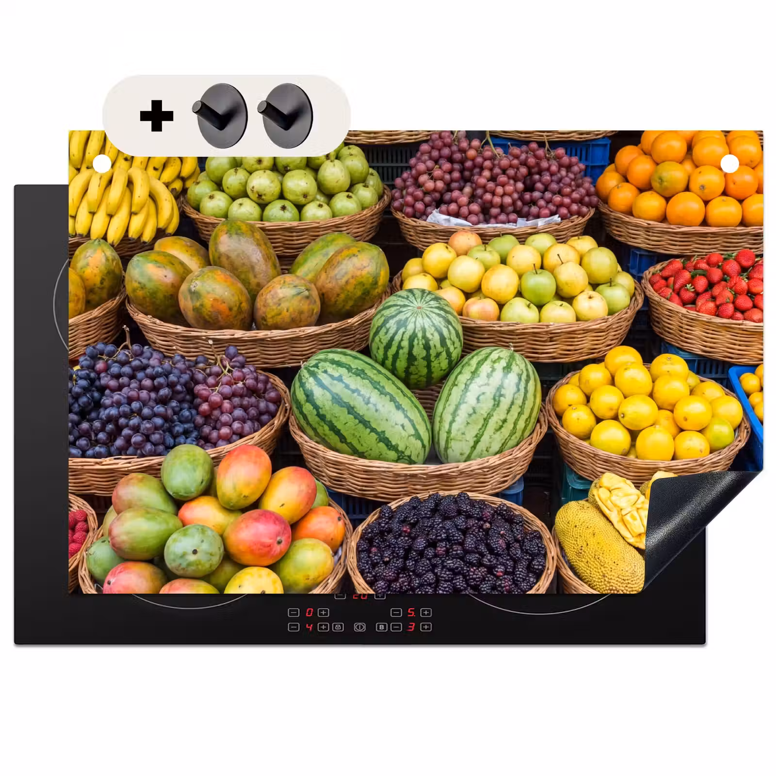 Induction Hob Cover & Splashback (2-in-1) - Fruit - Market - Colorful - Fruit - Markt - Kleurrijk Inductie beschemer met haakjes klein