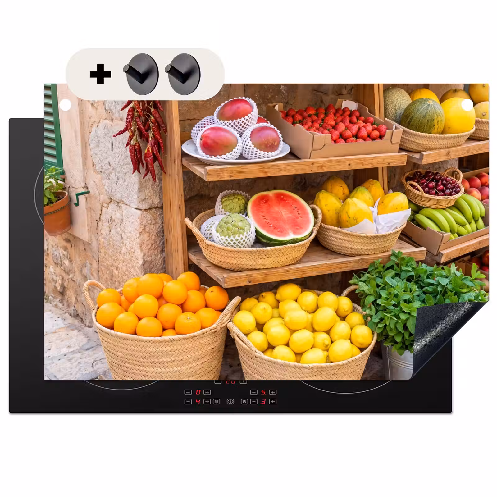 Induction Hob Cover & Splashback (2-in-1) - Fruit - Market - Fresh - Fruit - Markt - Vers Inductie beschemer met haakjes klein