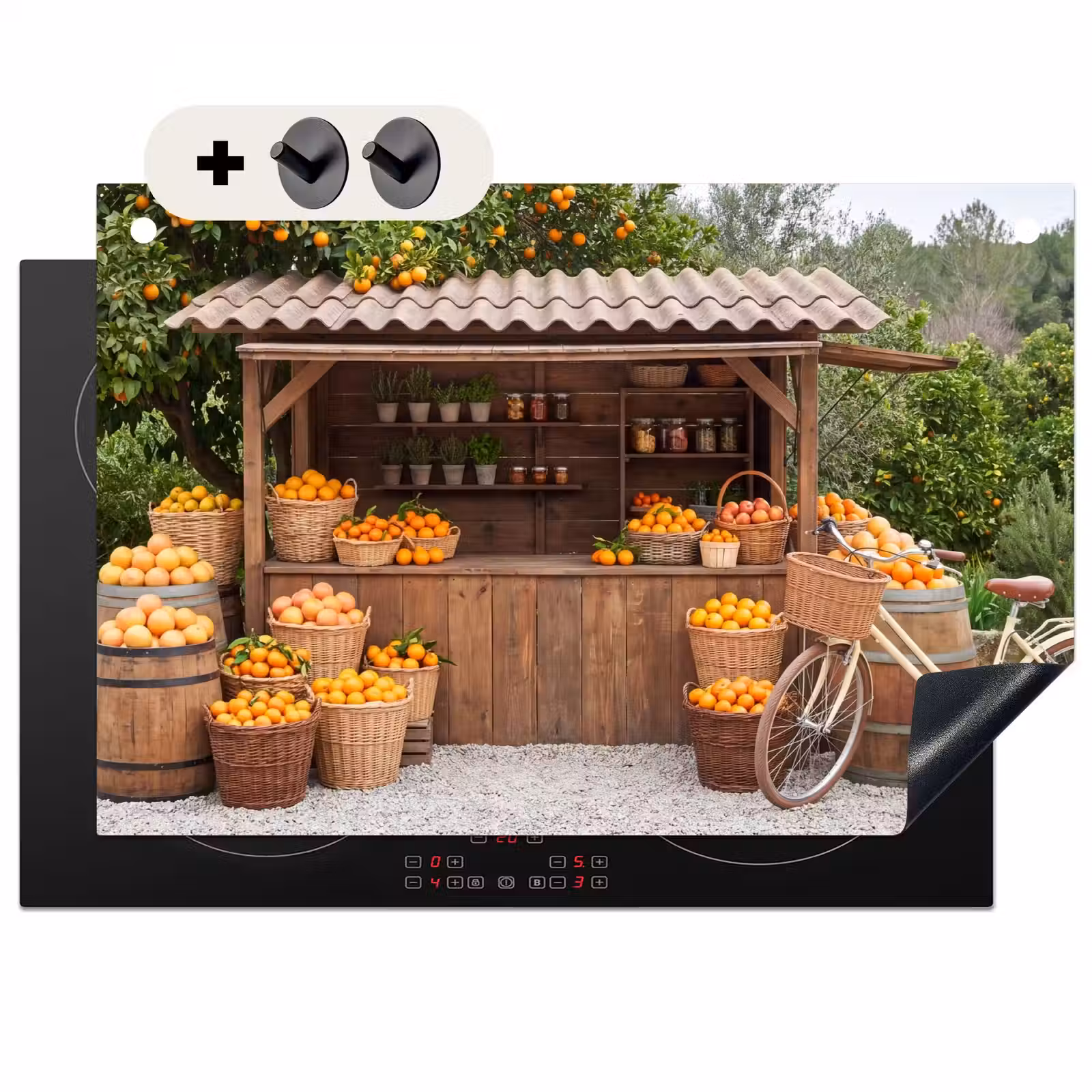 Induction Hob Cover & Splashback (2-in-1) - Fruit - Market - Rural - Fruit - Markt - Landelijk Inductie beschemer met haakjes klein