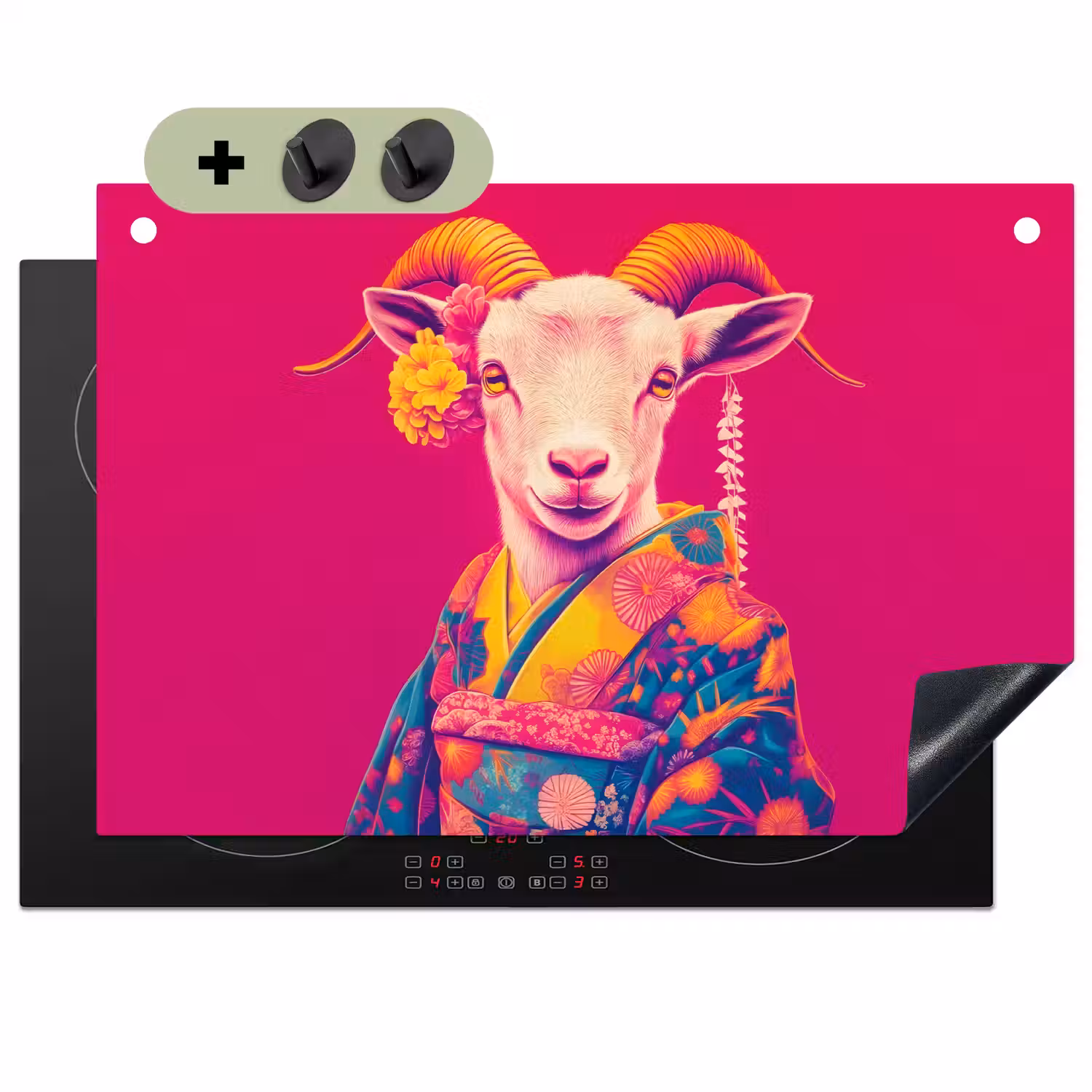 Geit - Hoorns - Kimono - Kleurrijk Inductie beschemer met haakjes klein -3d