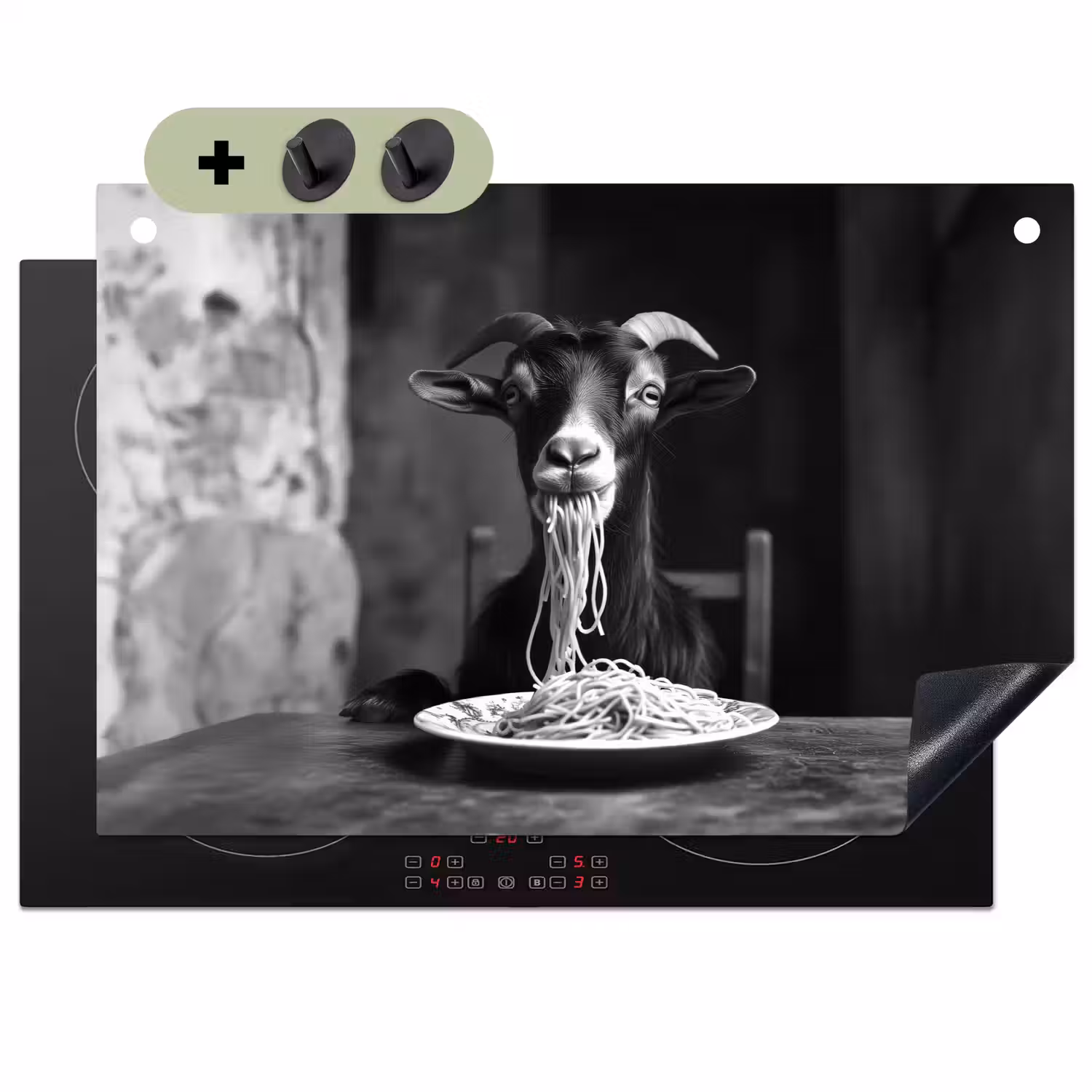 Geit - Bord - Spaghetti - Zwart Wit Inductie beschemer met haakjes klein -3d