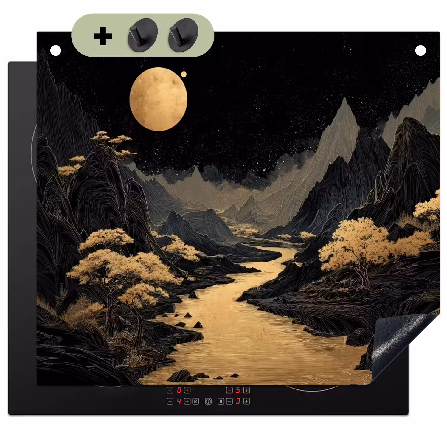 Gouden rivier - Bergen - Maan - Sterrenhemel Inductie beschemer met haakjes middel -3d
