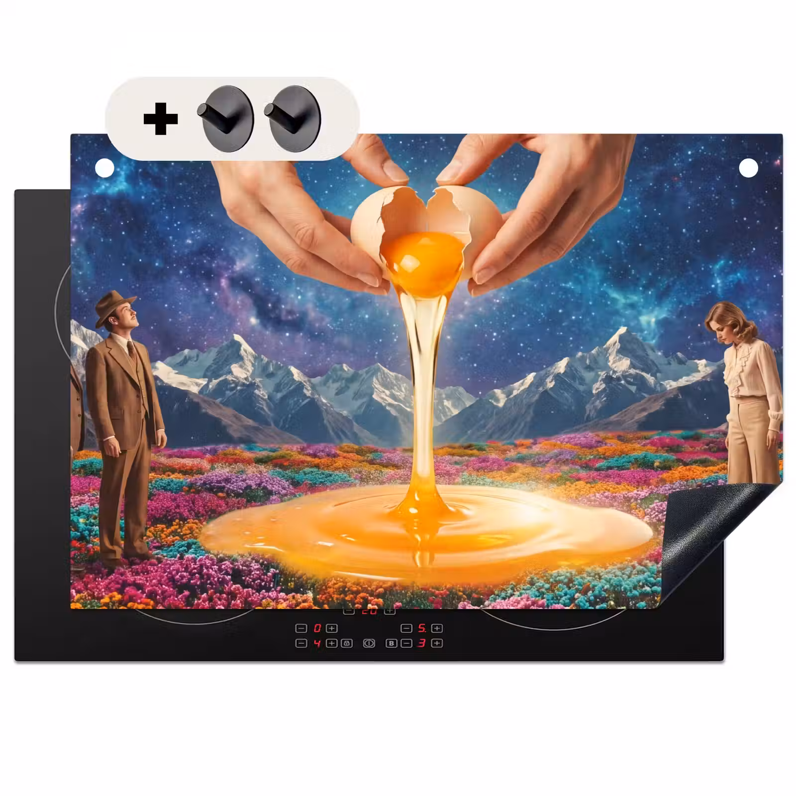 Induction Hob Cover & Splashback (2-in-1) - Hands - Egg - Surrealism - Handen - Ei - Surrealisme Inductie beschemer met haakjes klein