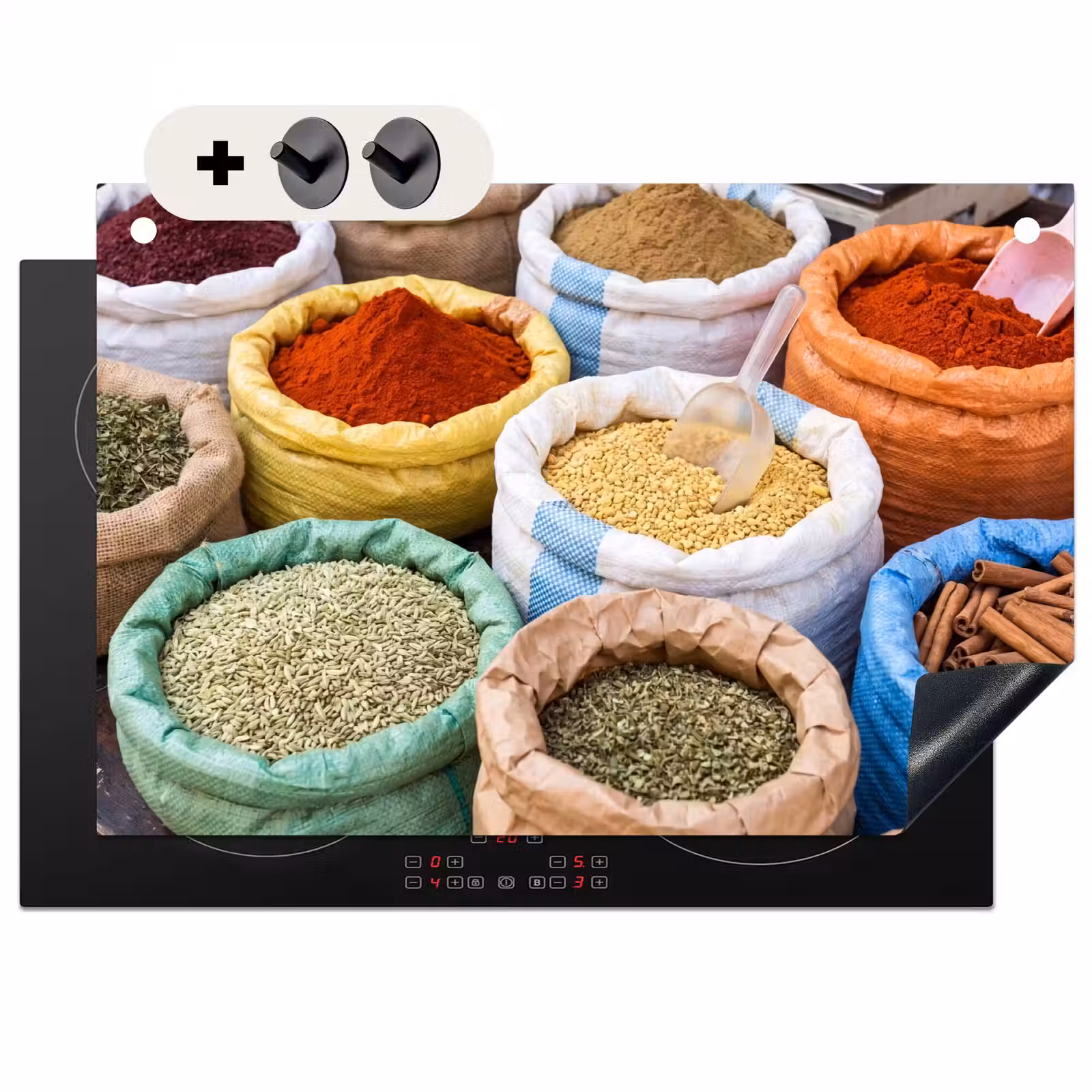 Induction Hob Cover & Splashback (2-in-1) - Herbs - Bags - Market - Kruiden - Zakken - Markt Inductie beschemer met haakjes klein