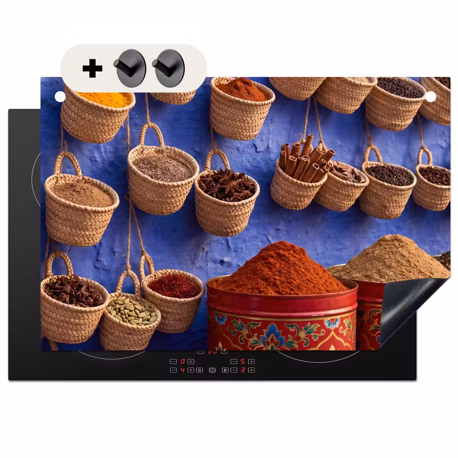 Induction Hob Cover & Splashback (2-in-1) - Herbs - Baskets - Market - Kruiden - Manden - Markt Inductie beschemer met haakjes klein