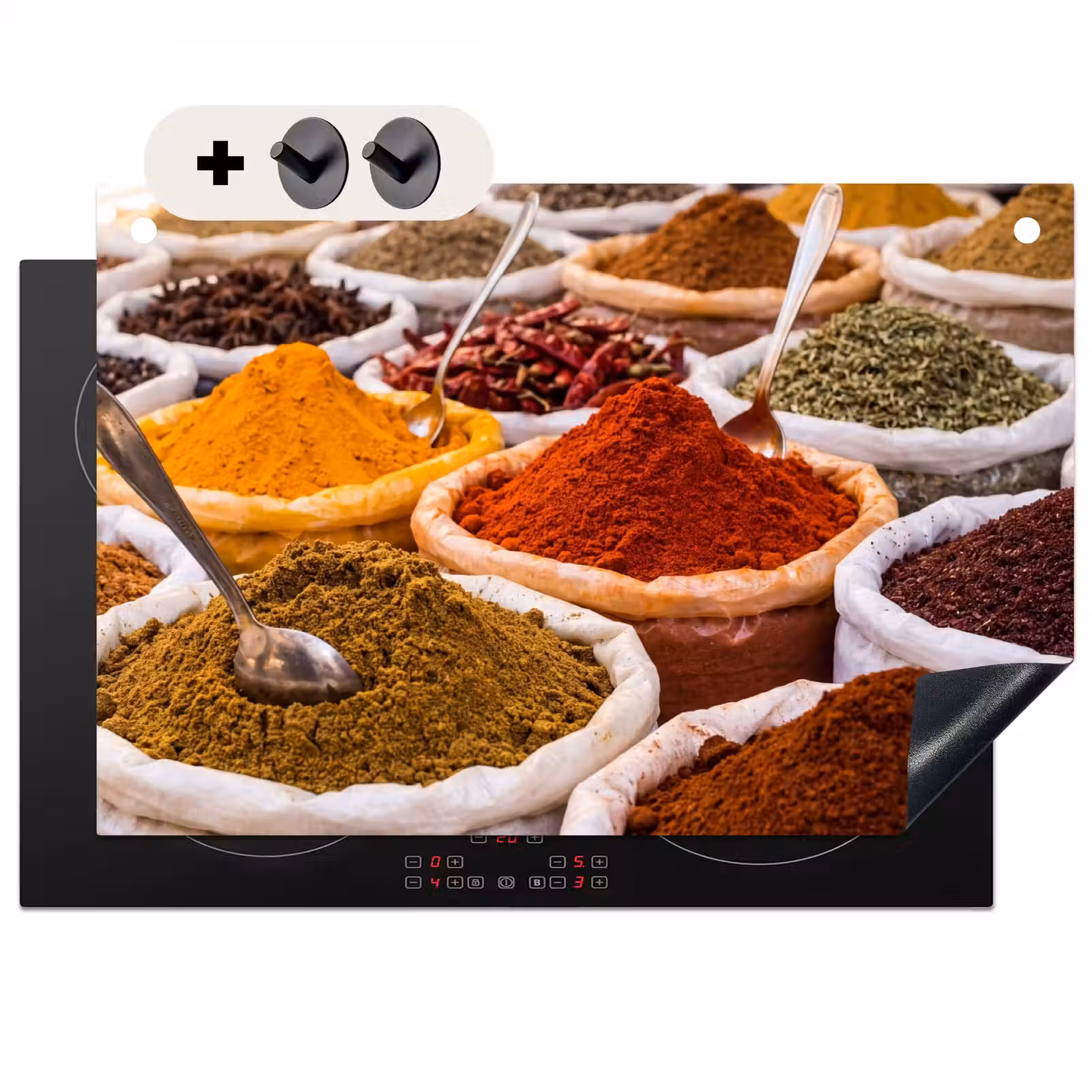 Induction Hob Cover & Splashback (2-in-1) - Herbs - Market - Food - Kruiden - Markt - Eten Inductie beschemer met haakjes klein