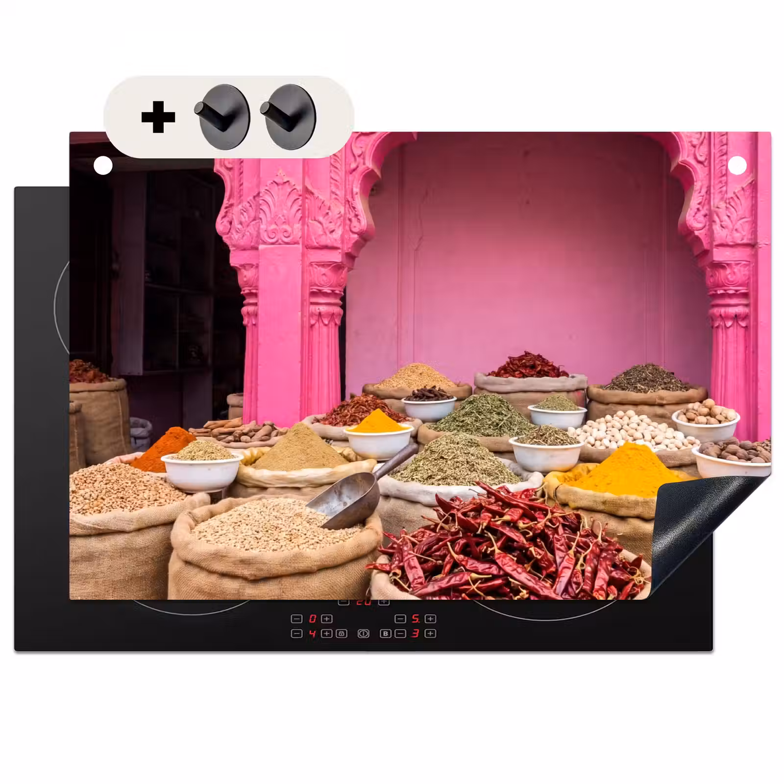 Induction Hob Cover & Splashback (2-in-1) - Herbs - Market - Pink - Kruiden - Markt - Roze Inductie beschemer met haakjes klein