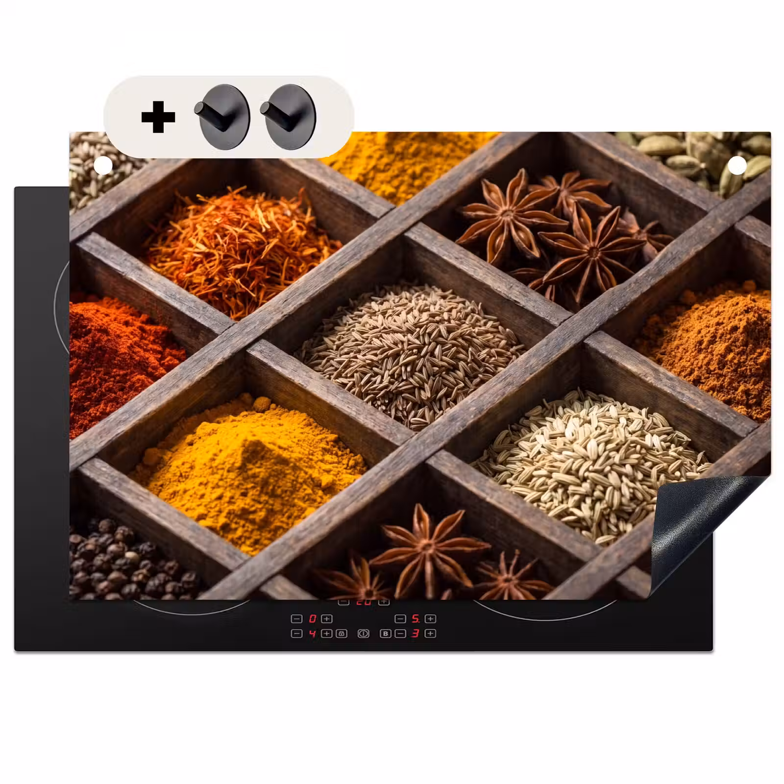 Induction Hob Cover & Splashback (2-in-1) - Herbs - Wood - Food - Kruiden - Houten - Eten Inductie beschemer met haakjes klein