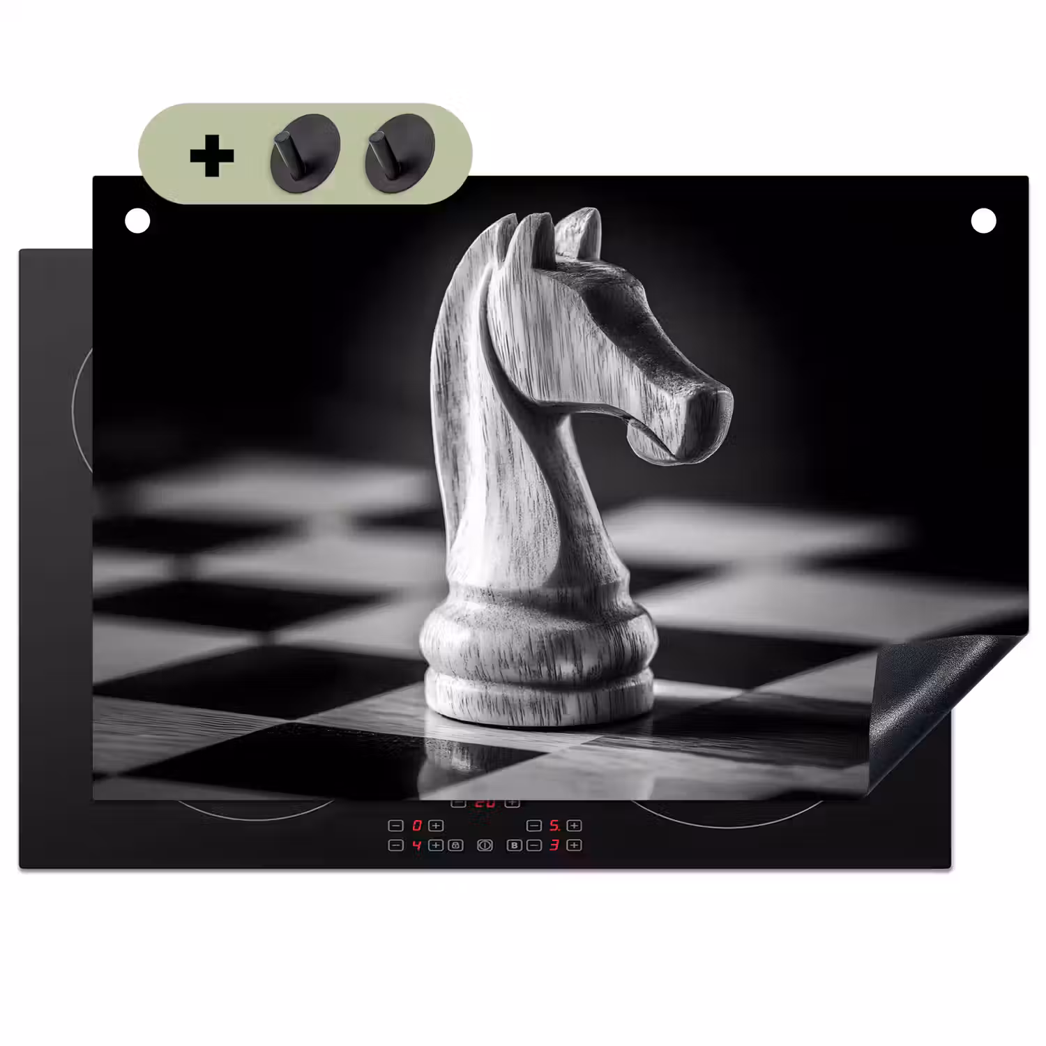 Paard - Hout - Schaalbord - Zwart Inductie beschemer met haakjes klein -3d