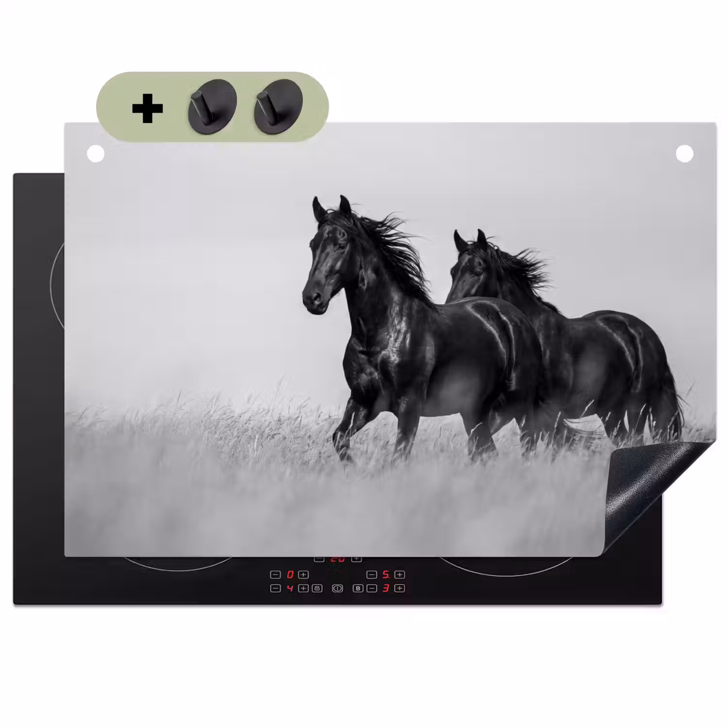 Paarden - Gras - Zwart - Wit Inductie beschemer met haakjes klein -3d