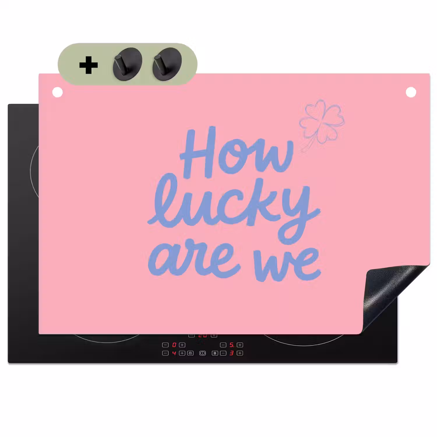 How lucky are we - Klavervier - Roze - Blauw Inductie beschemer met haakjes klein -3d