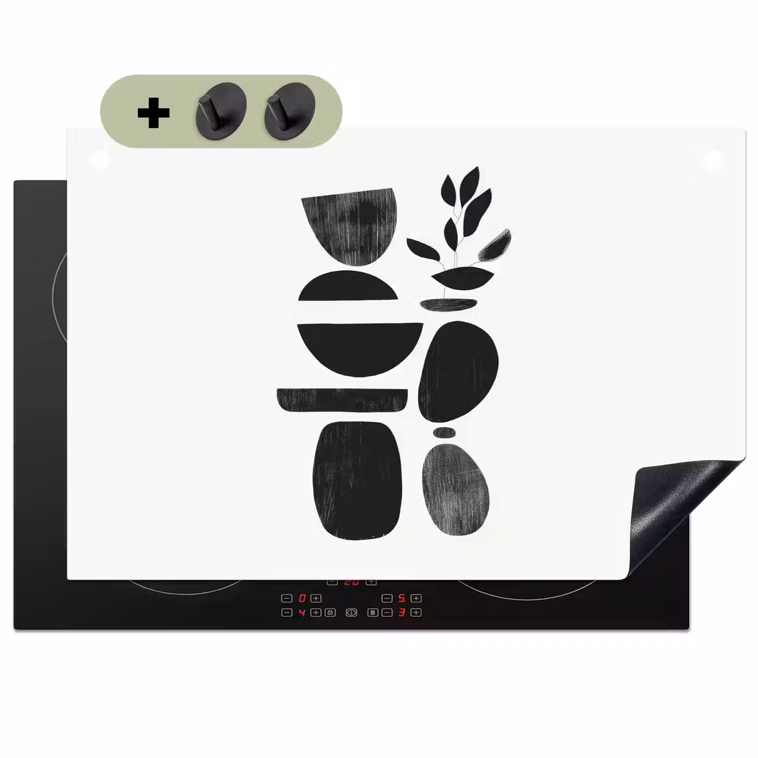 Japandi - Zwart - Abstract Inductie beschemer met haakjes klein -3d