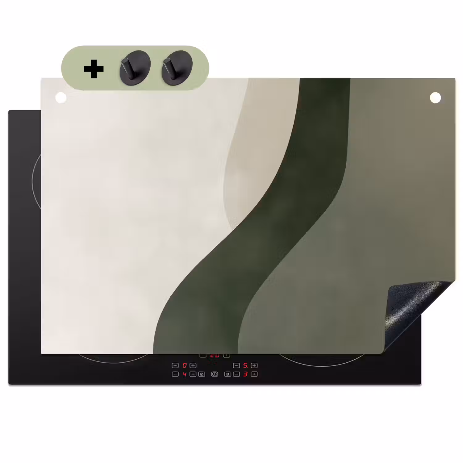 Japandi - Groen - Abstract - Modern Inductie beschemer met haakjes klein -3d