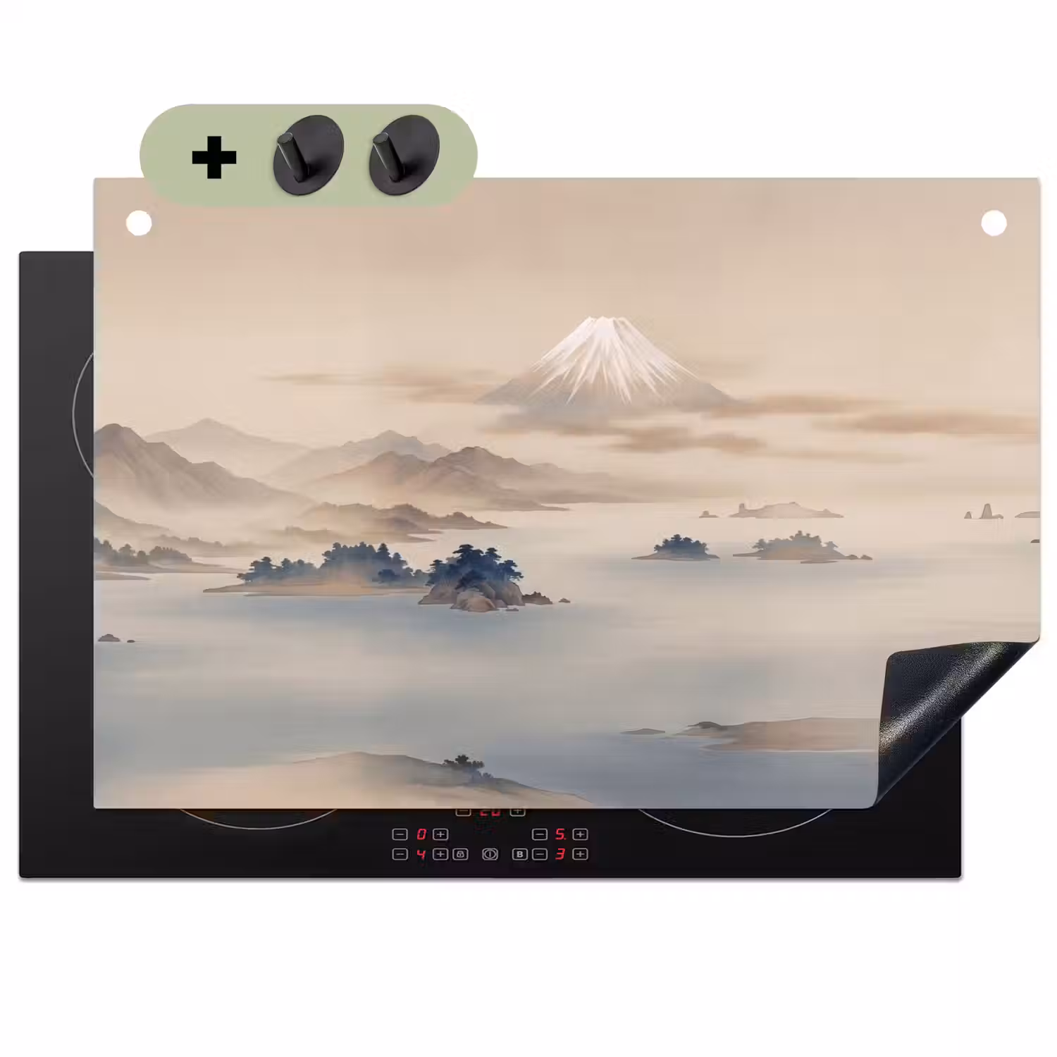 Japans - Landschap - Beige Inductie beschemer met haakjes klein -3d