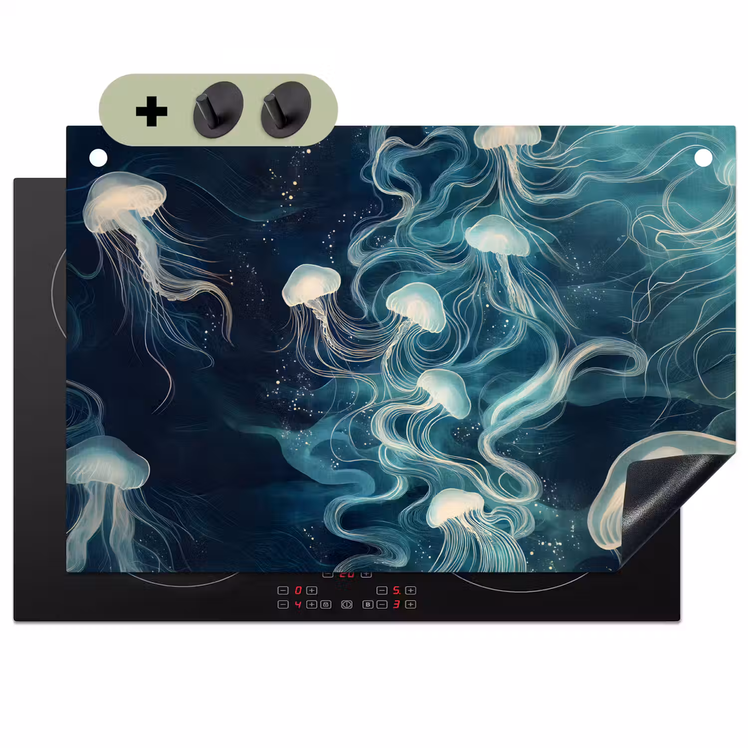 Kwallen - Zee - Wit - Golven Inductie beschemer met haakjes klein -3d