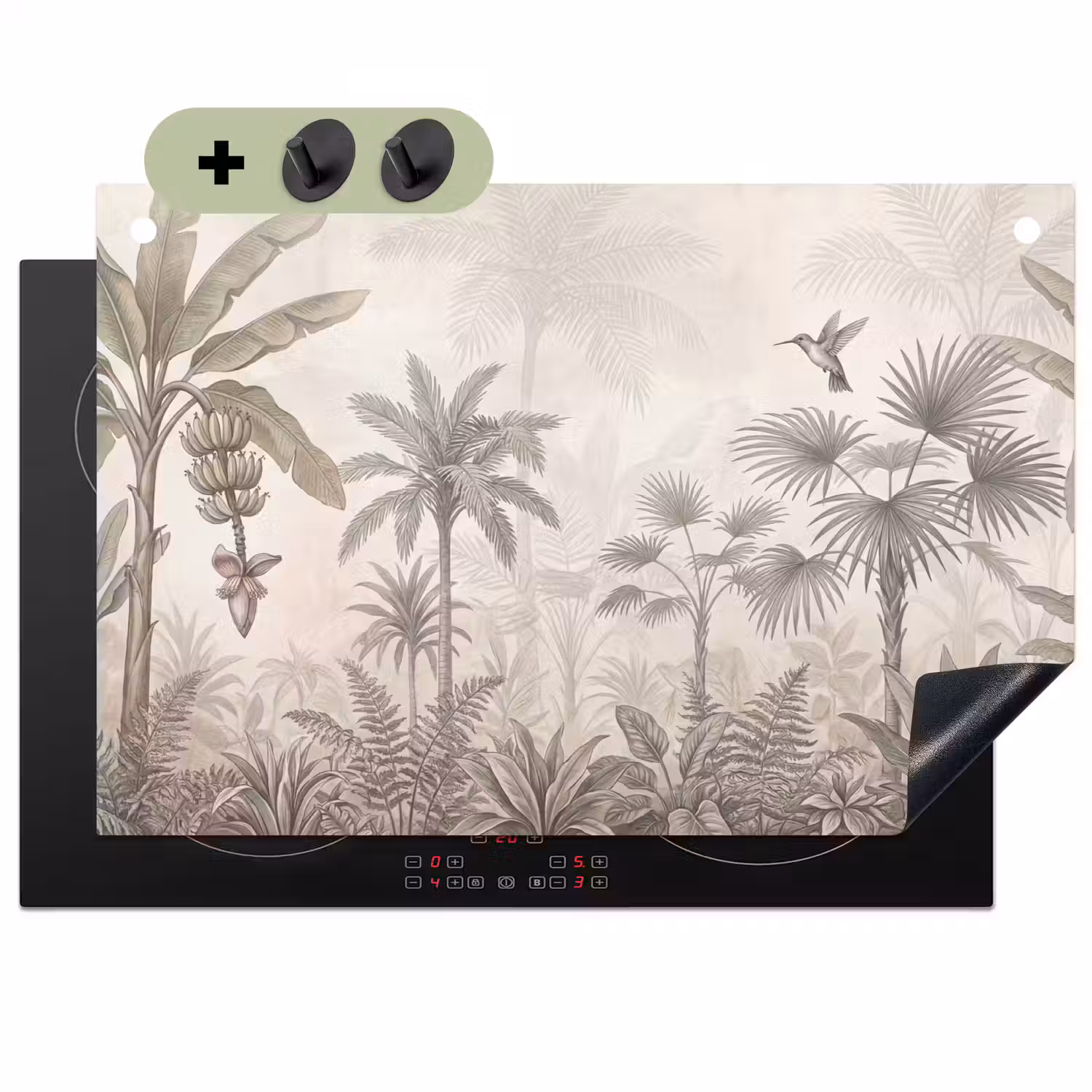 Jungle - Banenboom - Kolibrie - Beige Inductie beschemer met haakjes klein -3d