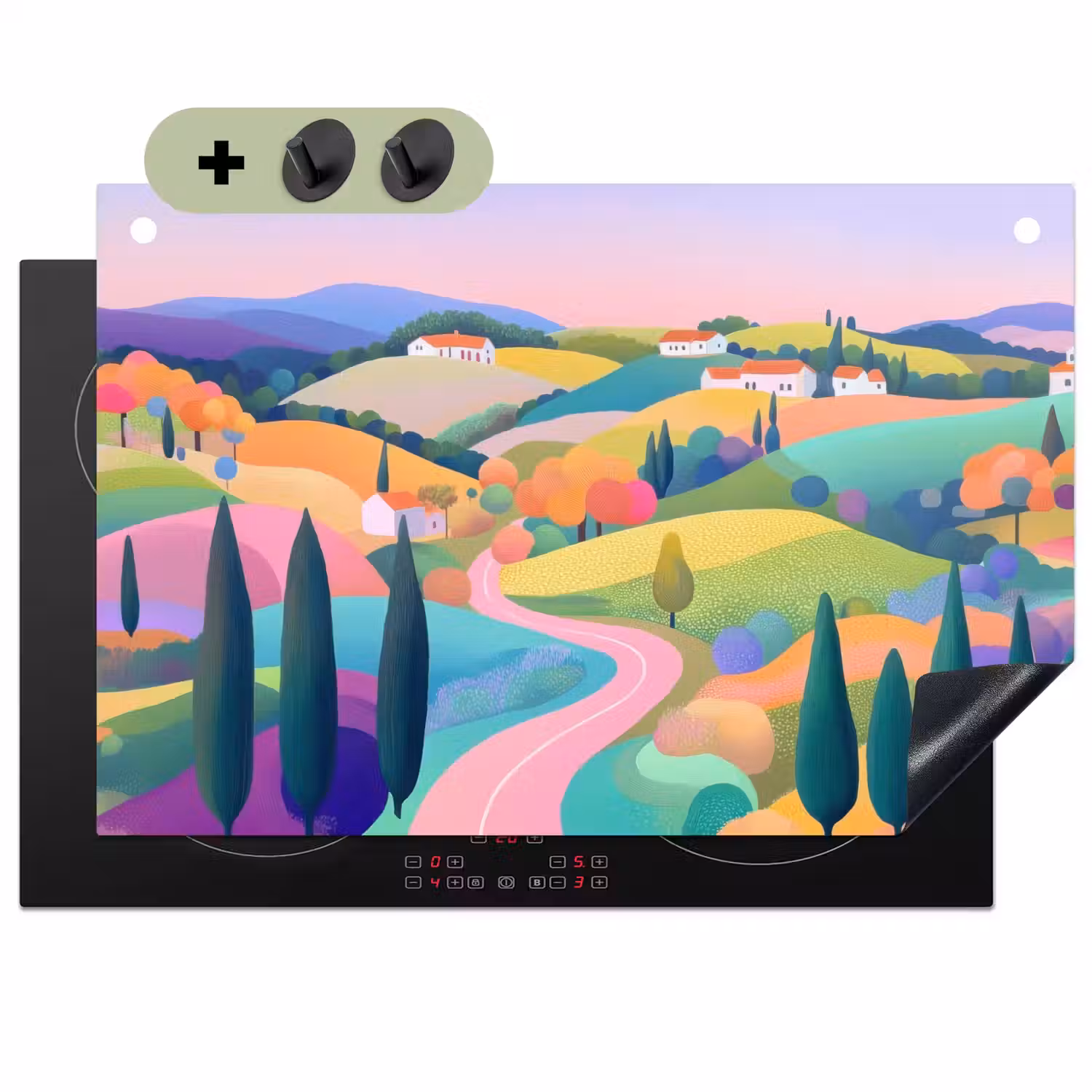Landschap - Paars - Pastel - Huizen Inductie beschemer met haakjes klein -3d