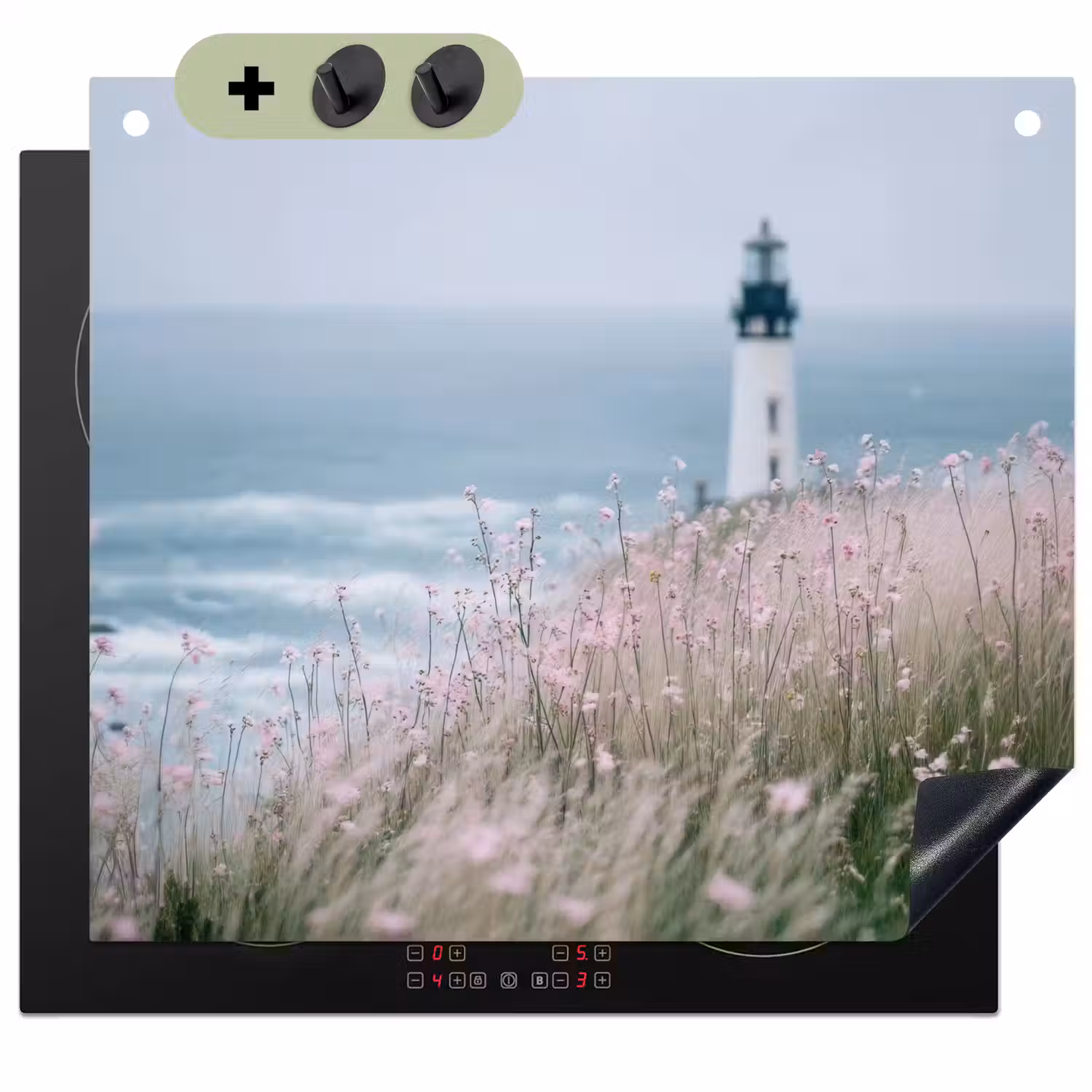 Vuurtoren - Klif - Zee - Bloemen Inductie beschemer met haakjes middel -3d