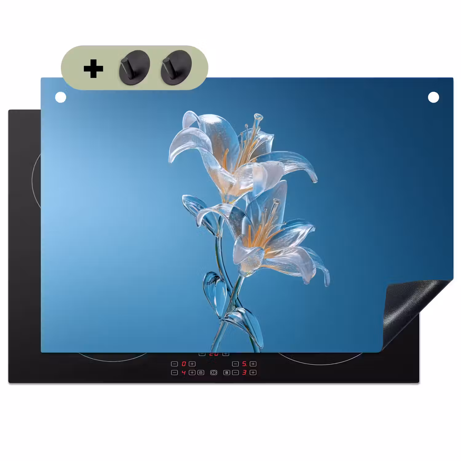 Lelies - Blauw - Glazen Inductie beschemer met haakjes klein -3d
