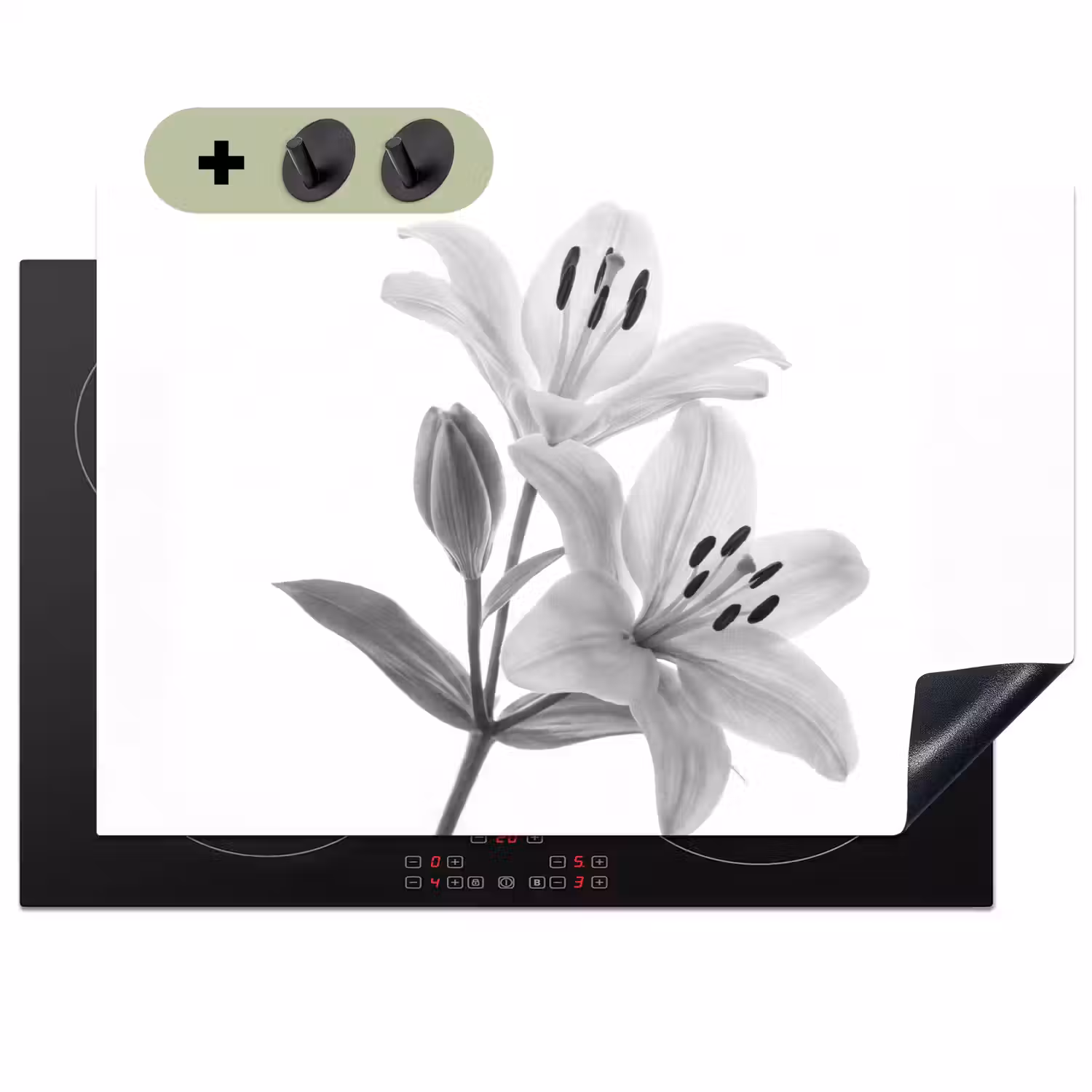 Lelies - Elegant - Zwart - Wit Inductie beschemer met haakjes klein -3d