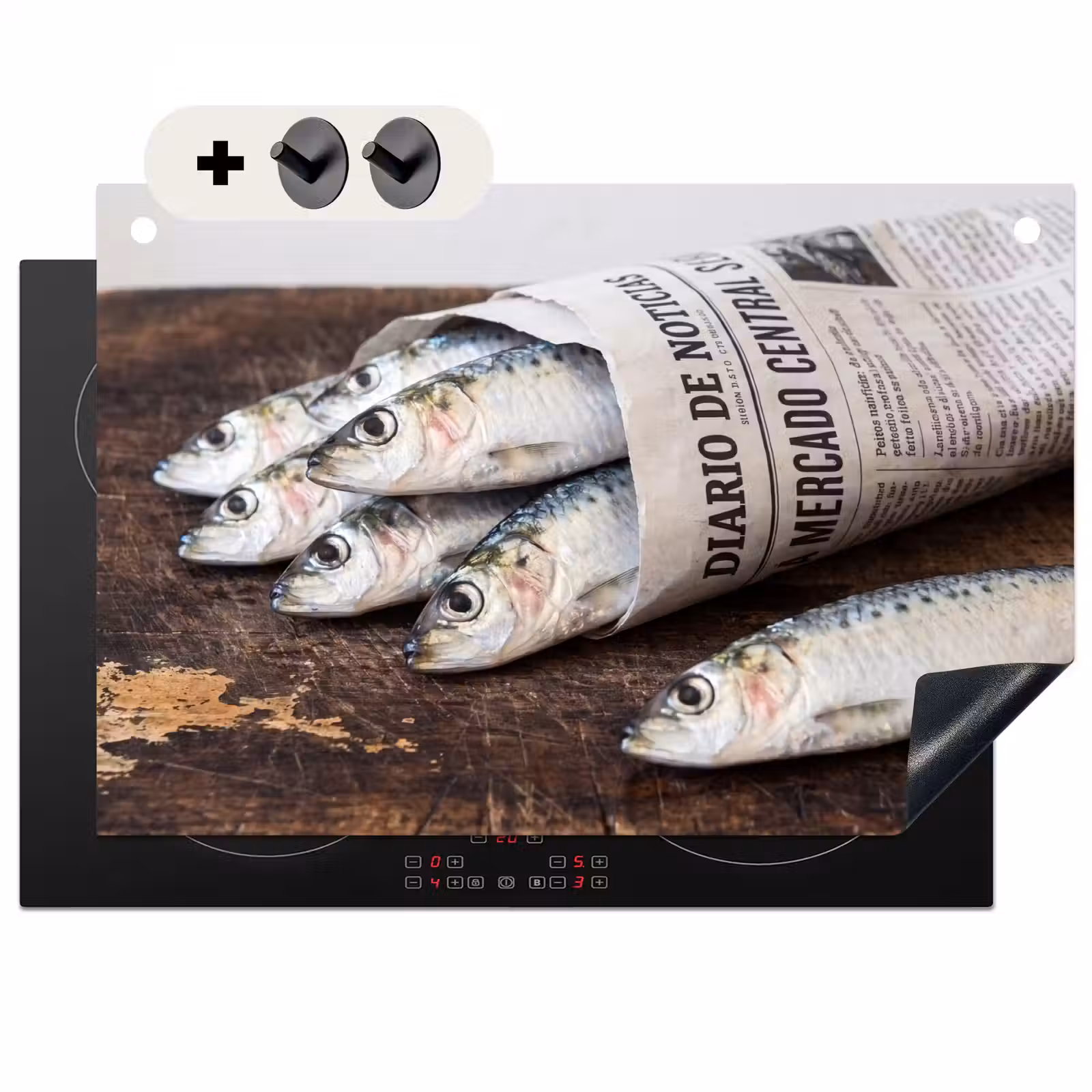 Induction Hob Cover & Splashback (2-in-1) - Little Sardine - newspaper - cutting board - Sardientje - krant - snijplank Inductie beschemer met haakjes klein