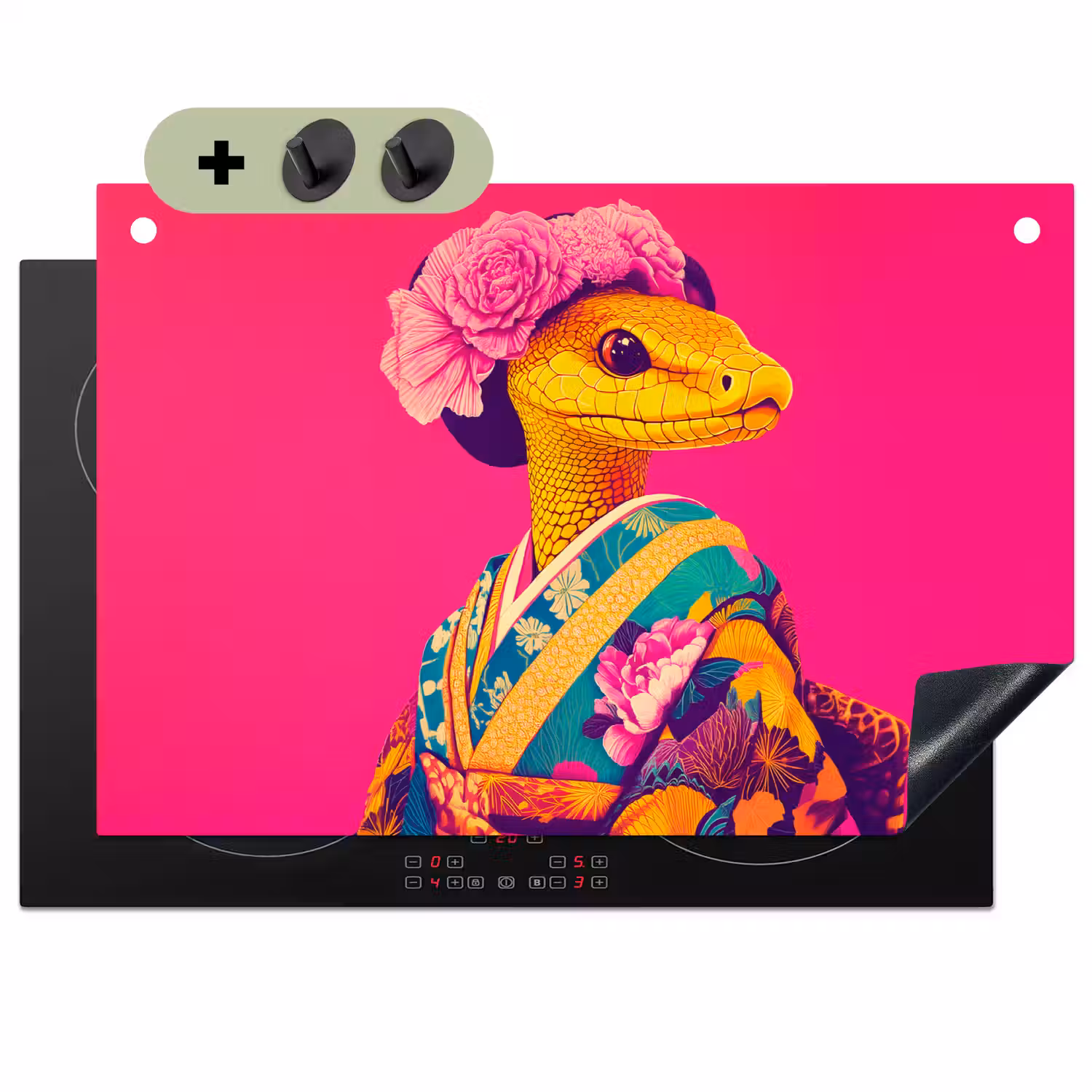 Hagedis - Bloemen - Roze - Kimono Inductie beschemer met haakjes klein -3d