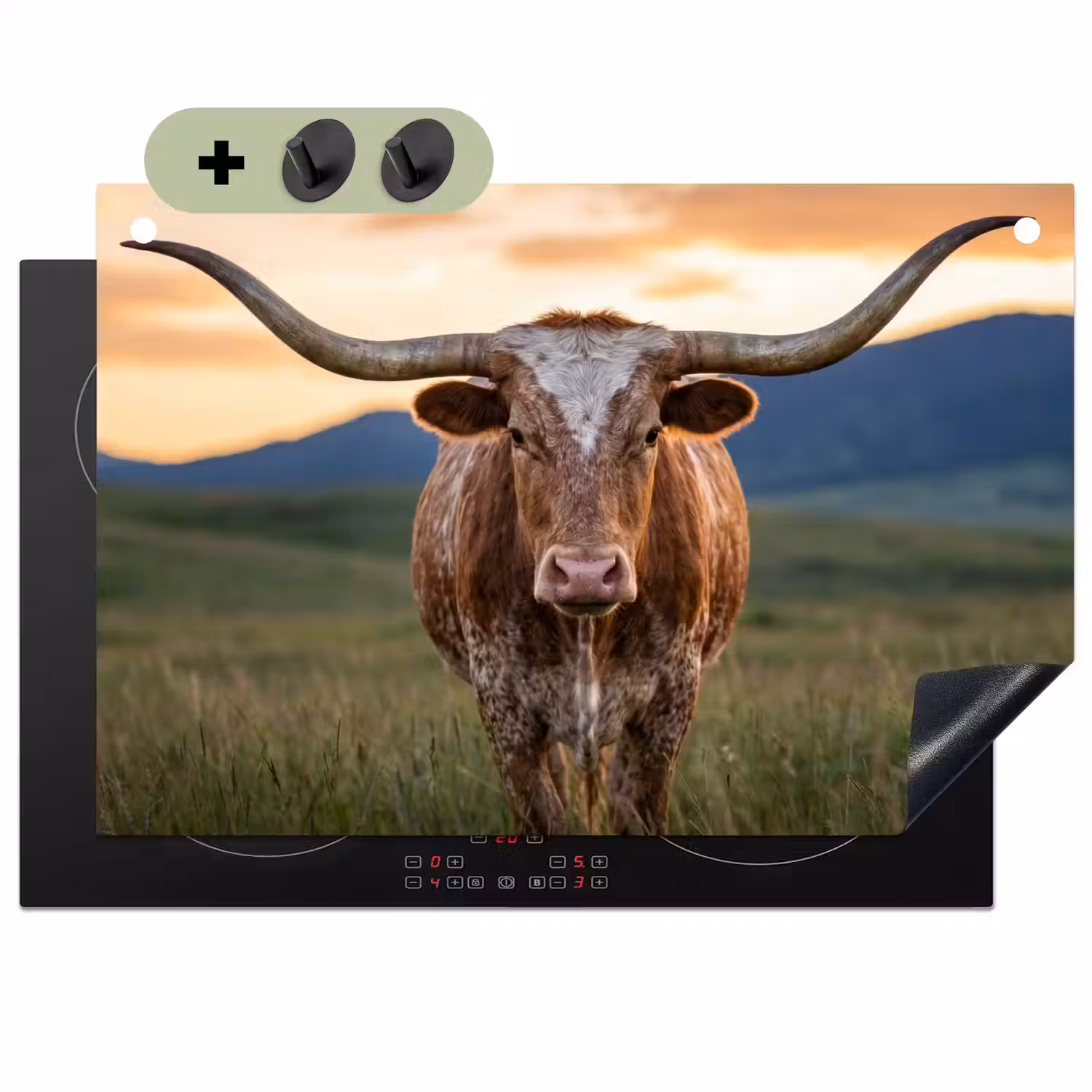 Longhorn - Landschap - Zonsondergang Inductie beschemer met haakjes klein -3d