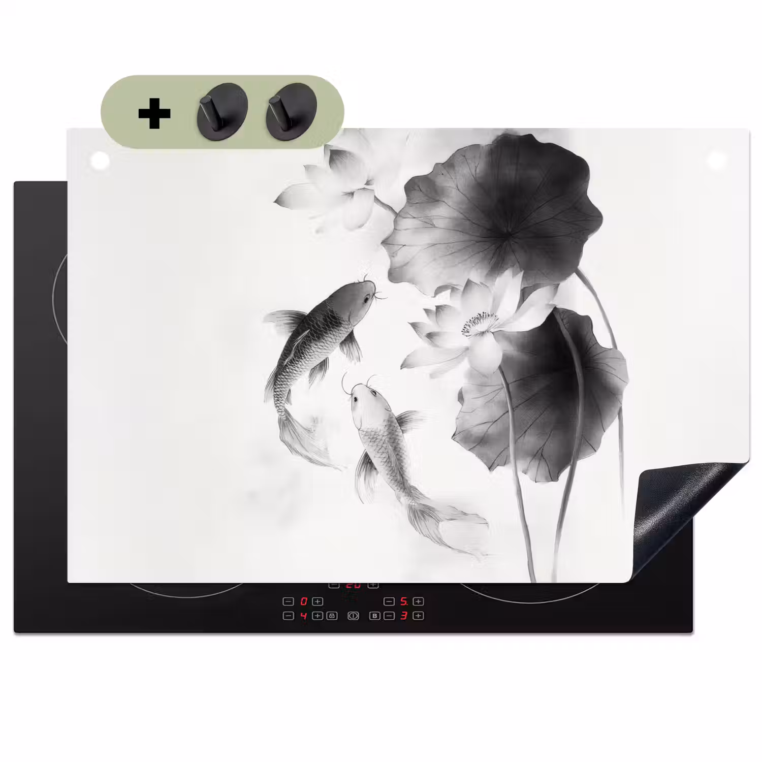 Lotusbloemen - Vissen - Bladeren - Zwart Inductie beschemer met haakjes klein -3d