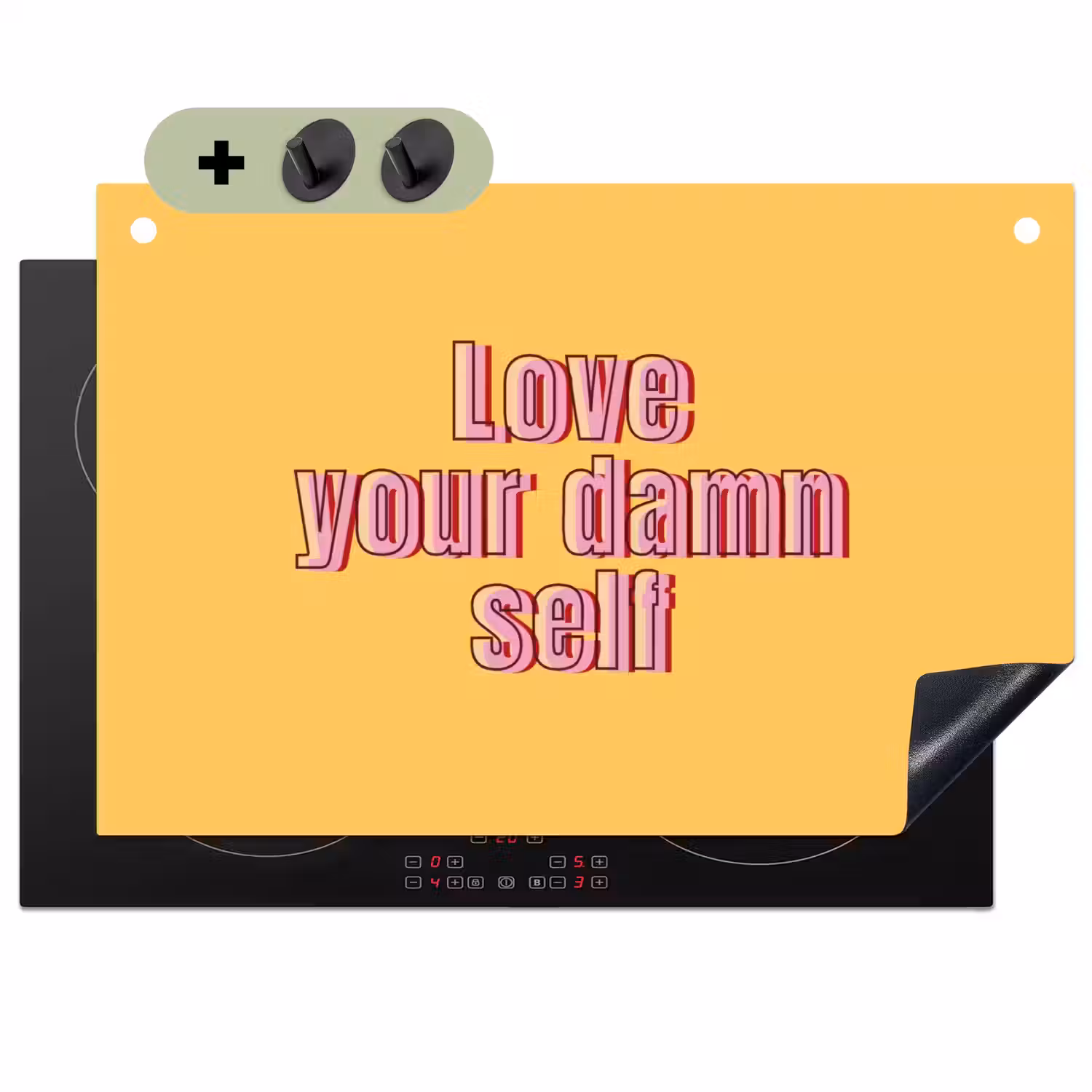 Love yourself - Roze - Geel Inductie beschemer met haakjes klein -3d