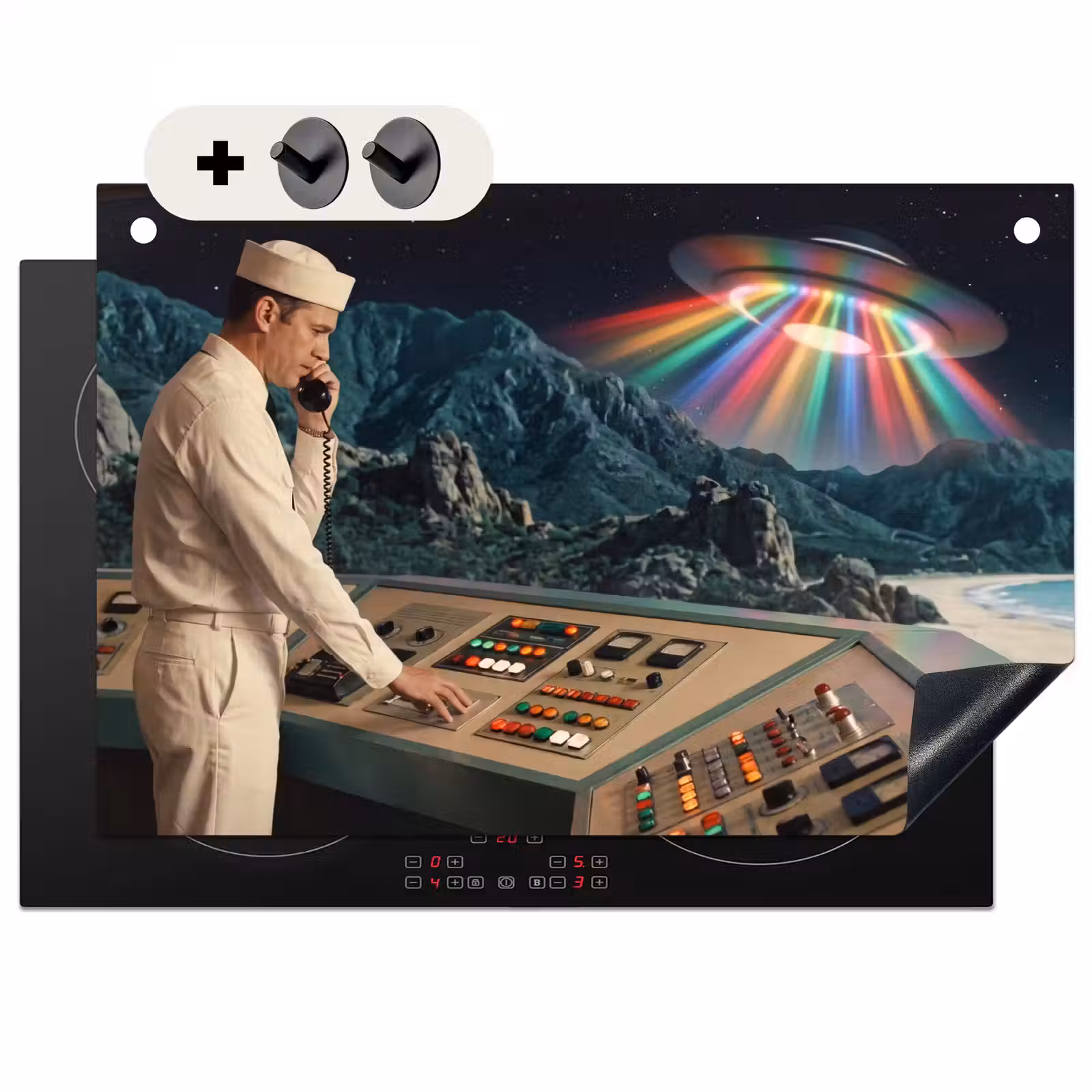 Induction Hob Cover & Splashback (2-in-1) - Man - Control Room - Beach - Man - Controlekamer - Strand Inductie beschemer met haakjes klein