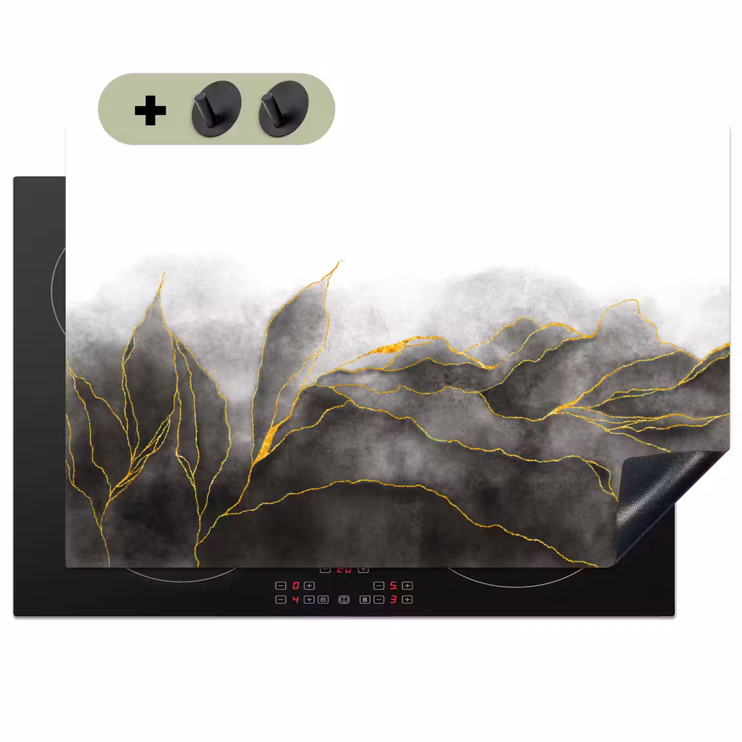 Marmer - Zwart - Goud - Luxe - Marmerlook Inductie beschemer met haakjes klein -3d
