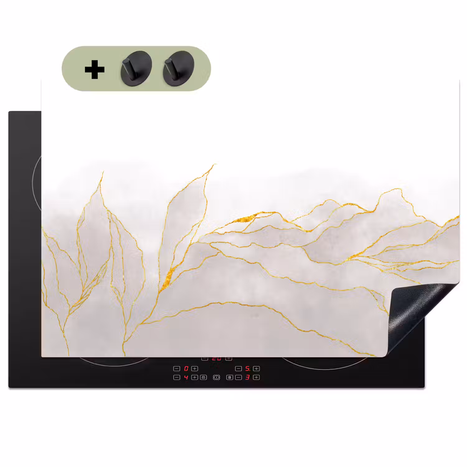 Marmerlook - Grijs - Goud - Chic - Marmer Inductie beschemer met haakjes klein -3d