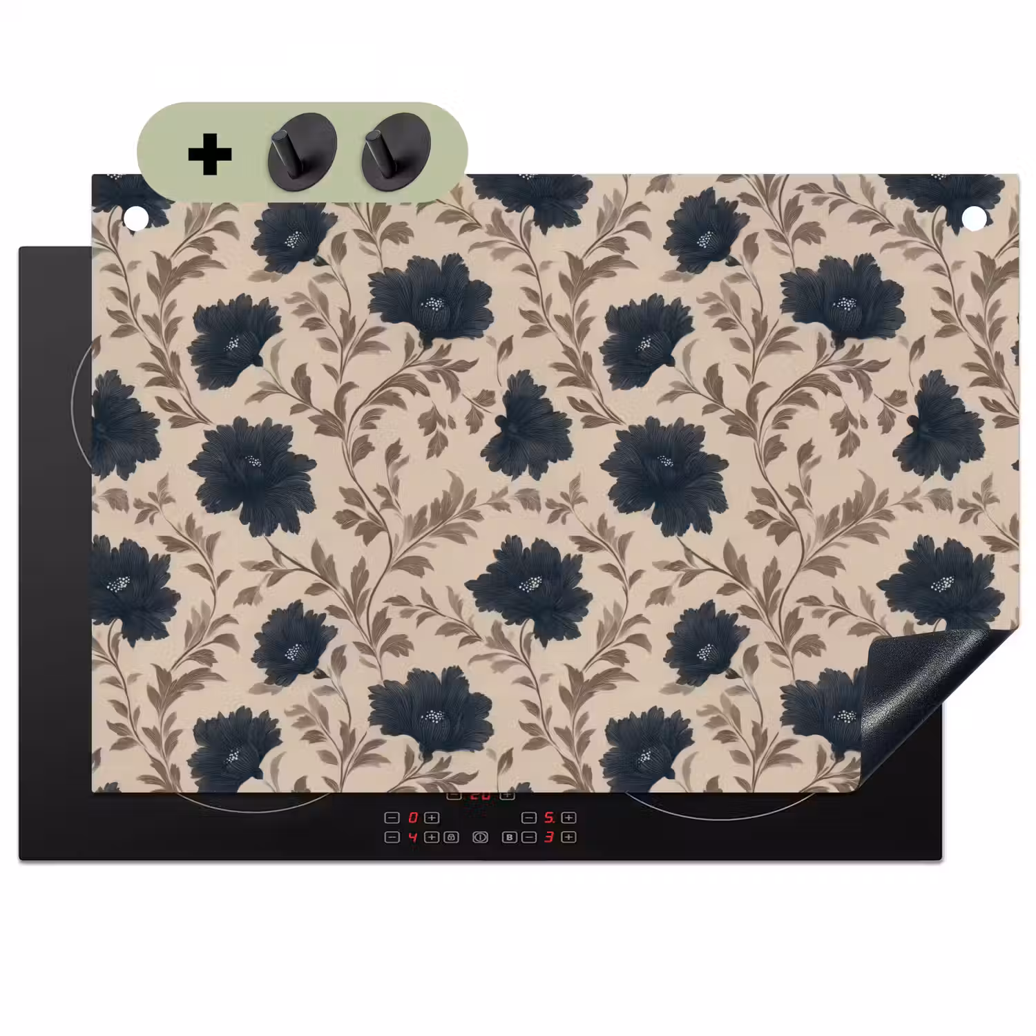 Motief - Bloemen - Zwart - Beige Inductie beschemer met haakjes klein 777 -3d