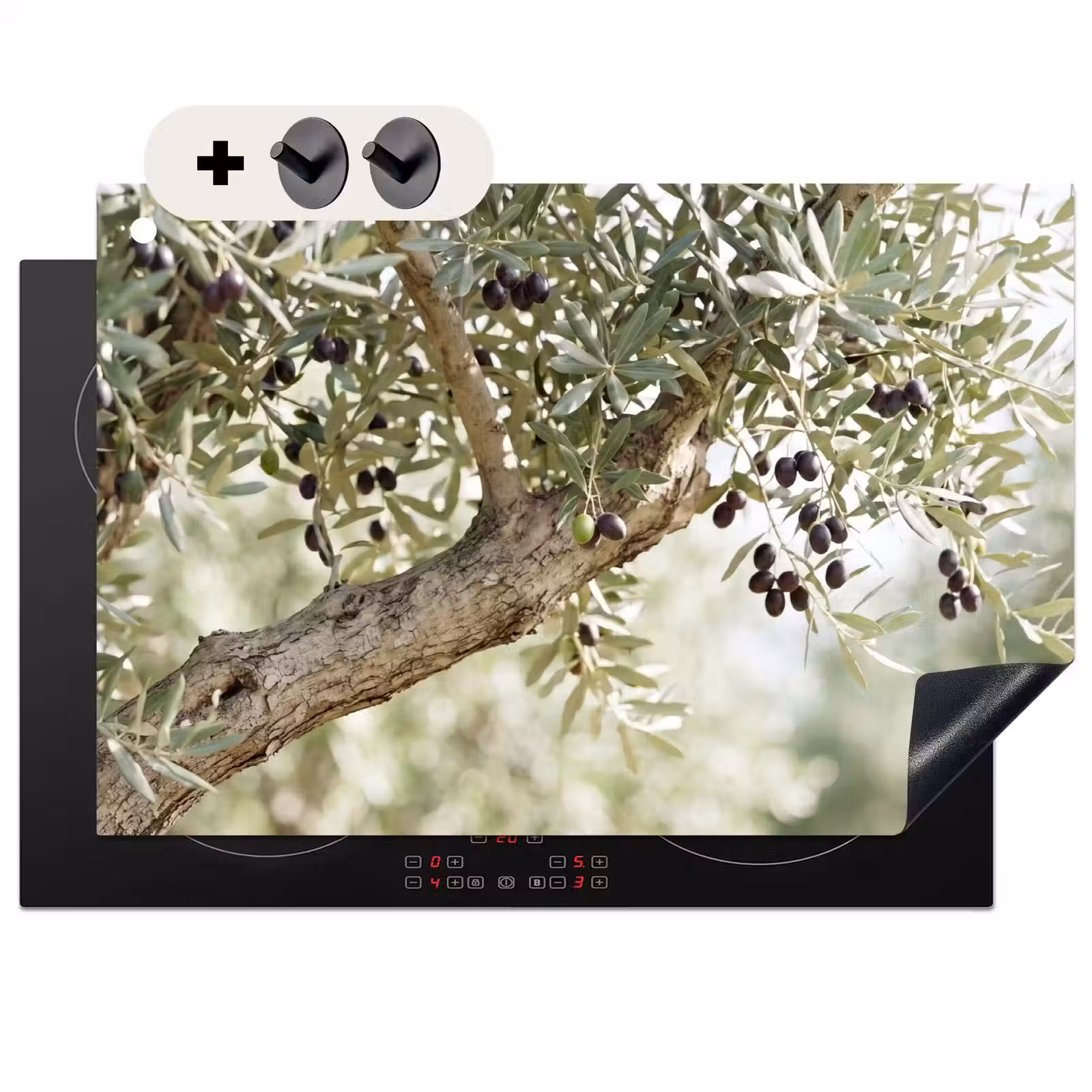 Induction Hob Cover & Splashback (2-in-1) - Olive tree - branch - green - Olijfboom - tak - groen Inductie beschemer met haakjes klein