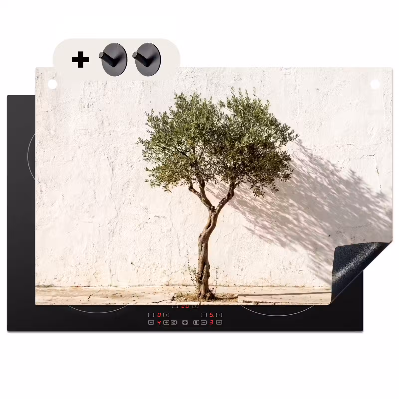 Induction Hob Cover & Splashback (2-in-1) - Olive Tree - Wall - White - Olijfboom - muur - wit Inductie beschemer met haakjes klein