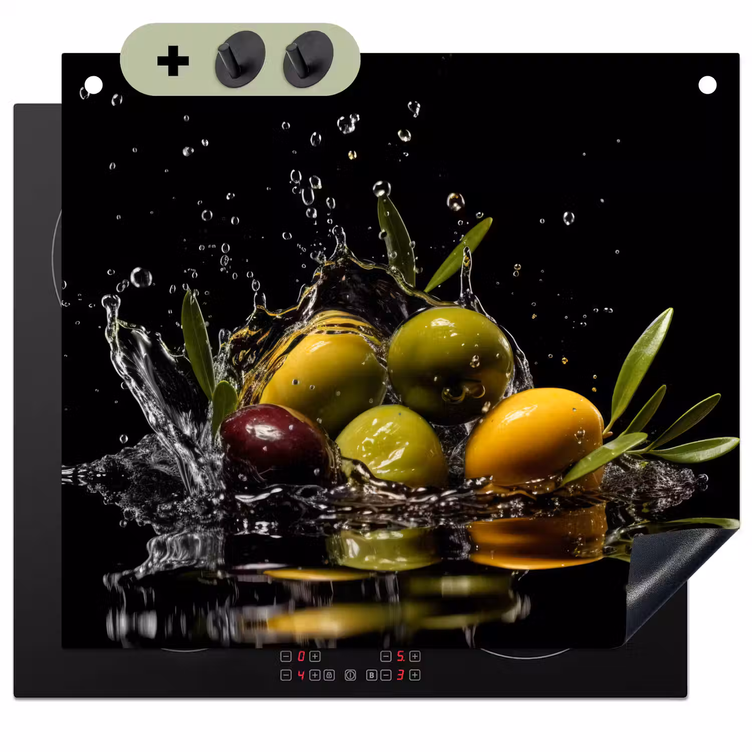 Olijven - Groen - Water - Zwart Inductie beschemer met haakjes middel -3d