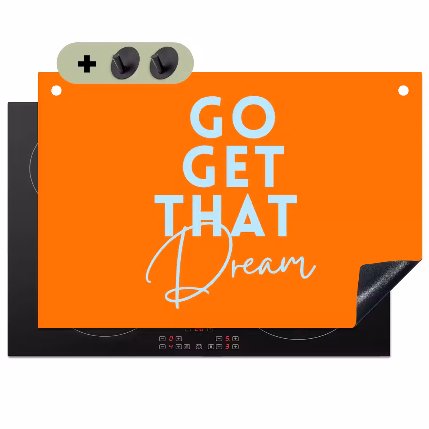 Oranje - Blauw - Go get that dream Inductie beschemer met haakjes klein -3d