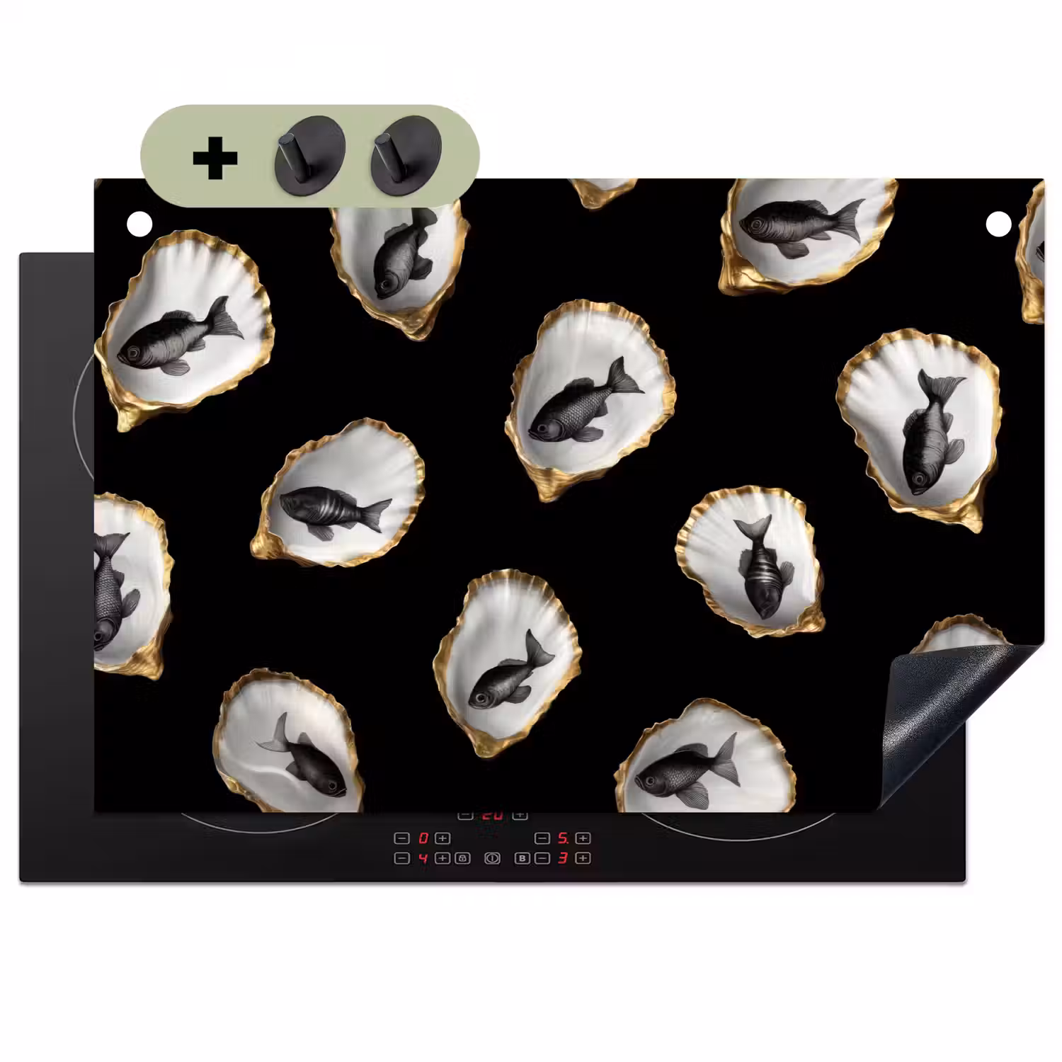 Oesters - Zwart - Vissen - Goud Inductie beschemer met haakjes klein -3d